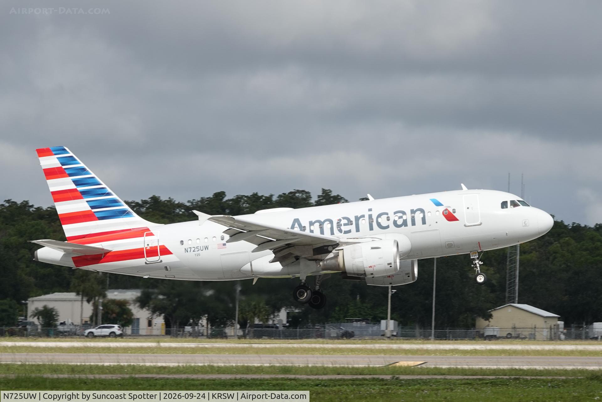 Aircraft N725UW, 1999 Airbus A319-112, c/n 1135, American 2916 arrives at Southwest Florida International Airport following flight from Reagan National Airport, at KRSW, photo by Suncoast Spotter