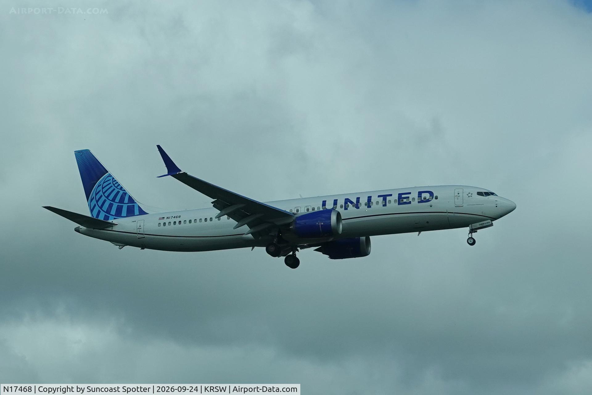 Aircraft N17468, 2026 Boeing 737 MAX 9, c/n 67660 l/n 9761, United 1740 arrives at Southwest Florida International Airport following flight from Chicago-O’Hare International Airport, at KRSW, photo by Suncoast Spotter