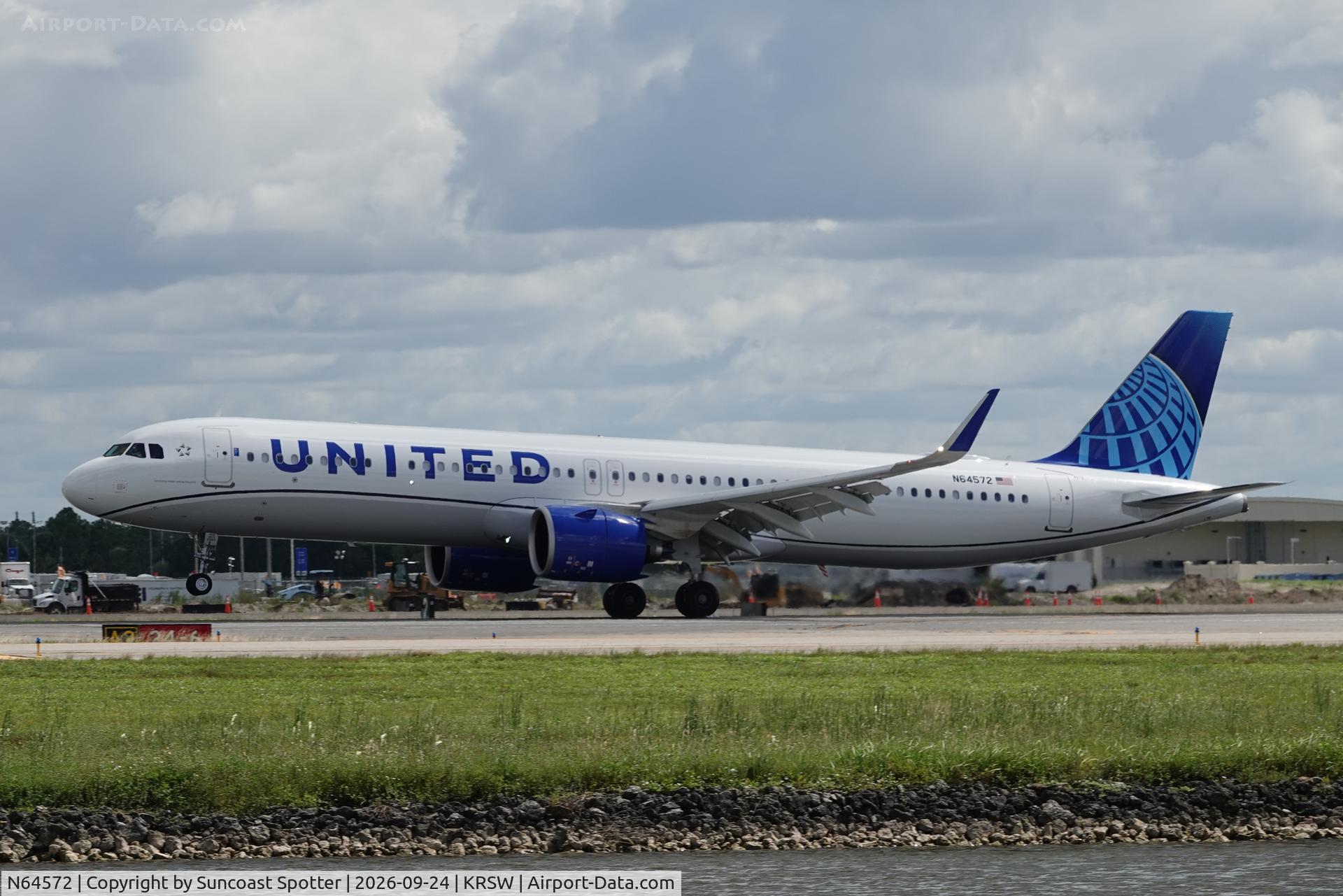 Aircraft N64572, 2026 Airbus A321-271NX, c/n 13144, United 2601 arrives at Southwest Florida International Airport following flight from Denver International Airport, at KRSW, photo by Suncoast Spotter
