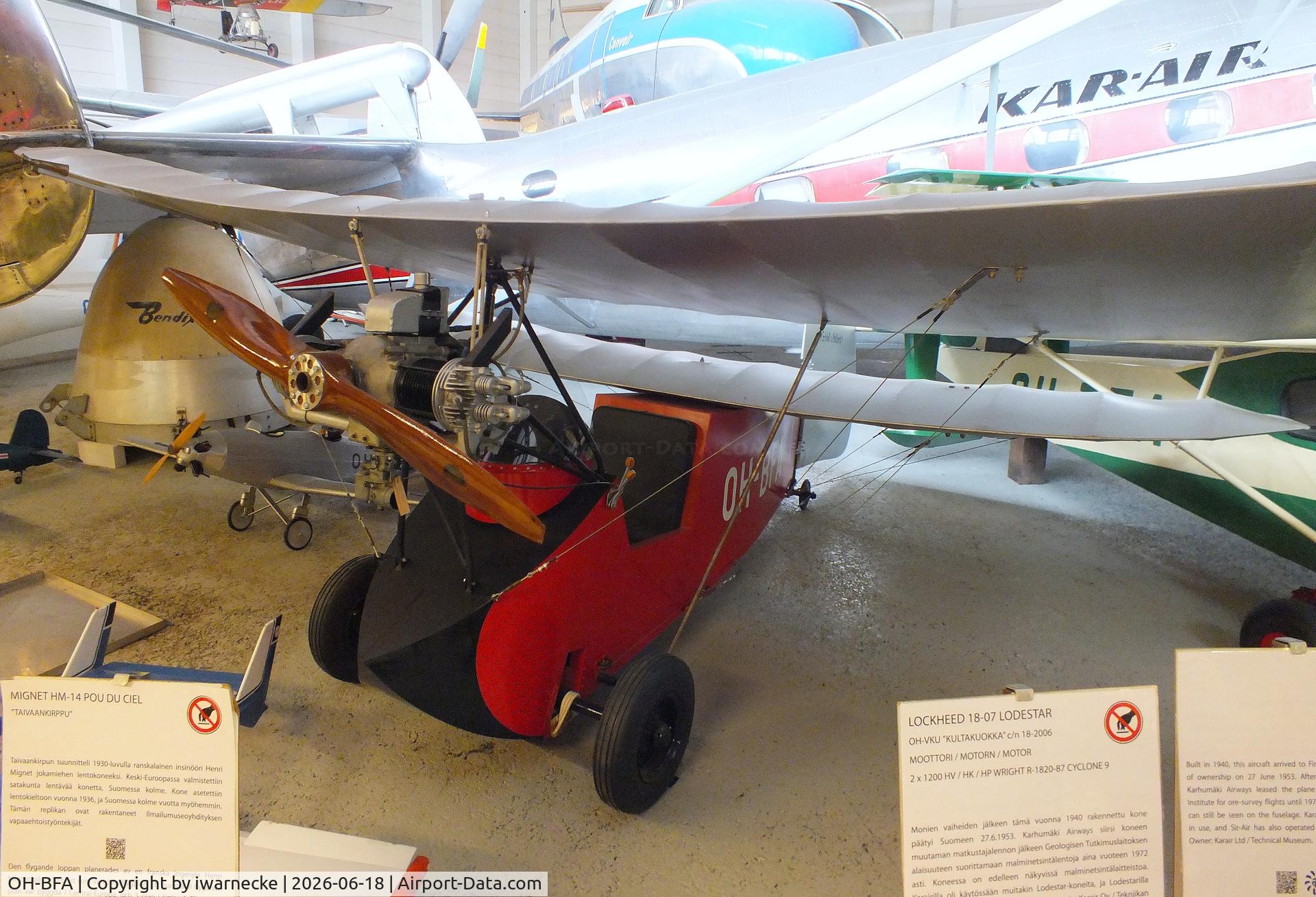 Aircraft OH-BFA, Mignet HM-14 Pou-du-Ciel replica, c/n not found_OH-BFA, Mignet HM-14 Pou-du-Ciel replica, built by museum volunteers, at the Suomen Ilmailumuseo (Finnish Aviation Museum), Vantaa, photo by iwarnecke