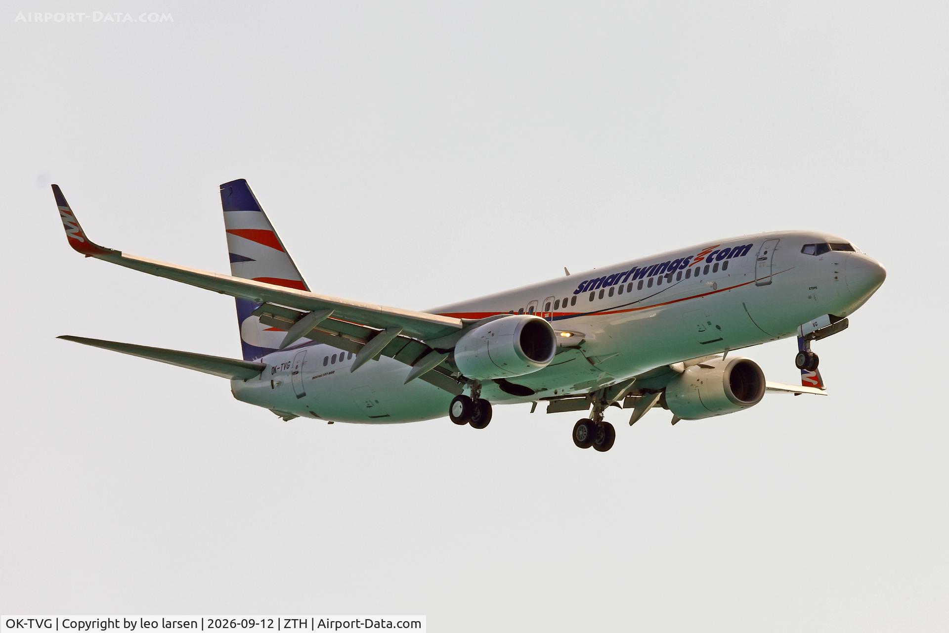 Aircraft OK-TVG, 2007 Boeing 737-8Q8, c/n 30719 l/n 2257, Zakynthos 12.9.2026, at ZTH, photo by leo larsen