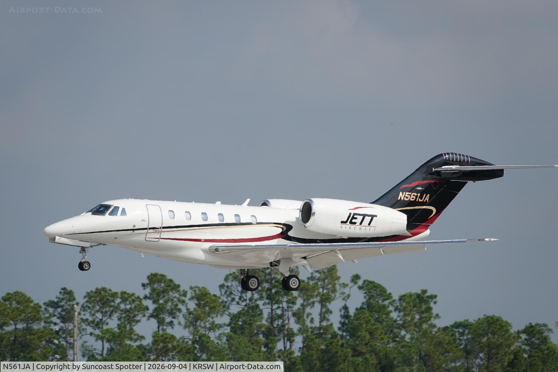 Aircraft N561JA, 1999 Cessna 750 Citation X, c/n 750-0088, Dark Horse 10 arrives at Southwest Florida International Airport following flight from Orlando Executive Airport, at KRSW, photo by Suncoast Spotter