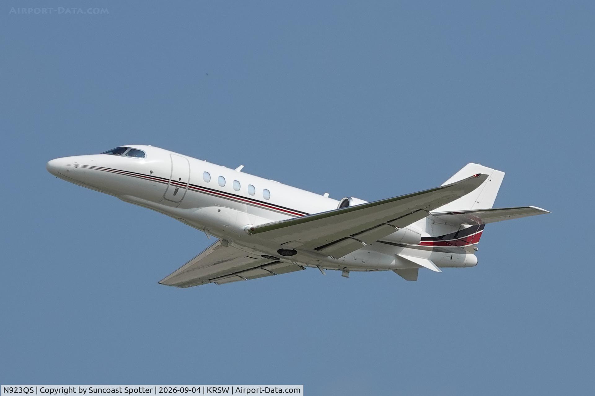 Aircraft N923QS, 2023 Cessna 680A Citation Latitude, c/n 680A-0350, Execjet 923 departs Southwest Florida International Airport enroute to Venice Municipal Airport, at KRSW, photo by Suncoast Spotter
