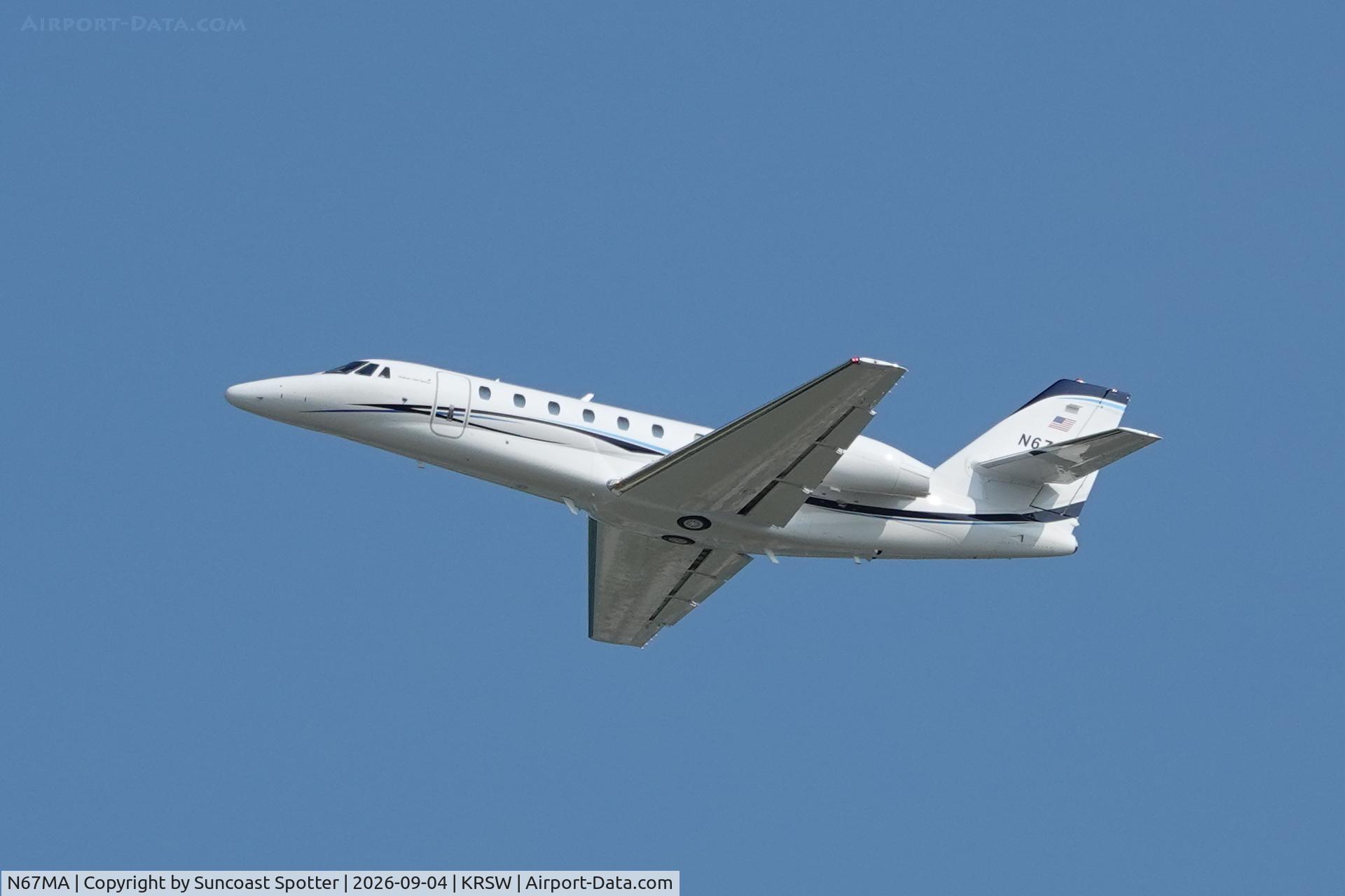Aircraft N67MA, 2007 Cessna 680 Citation Sovereign, c/n 680-0148, Malone 67 departs Southwest Florida International Airport enroute to Nashville International Airport, at KRSW, photo by Suncoast Spotter