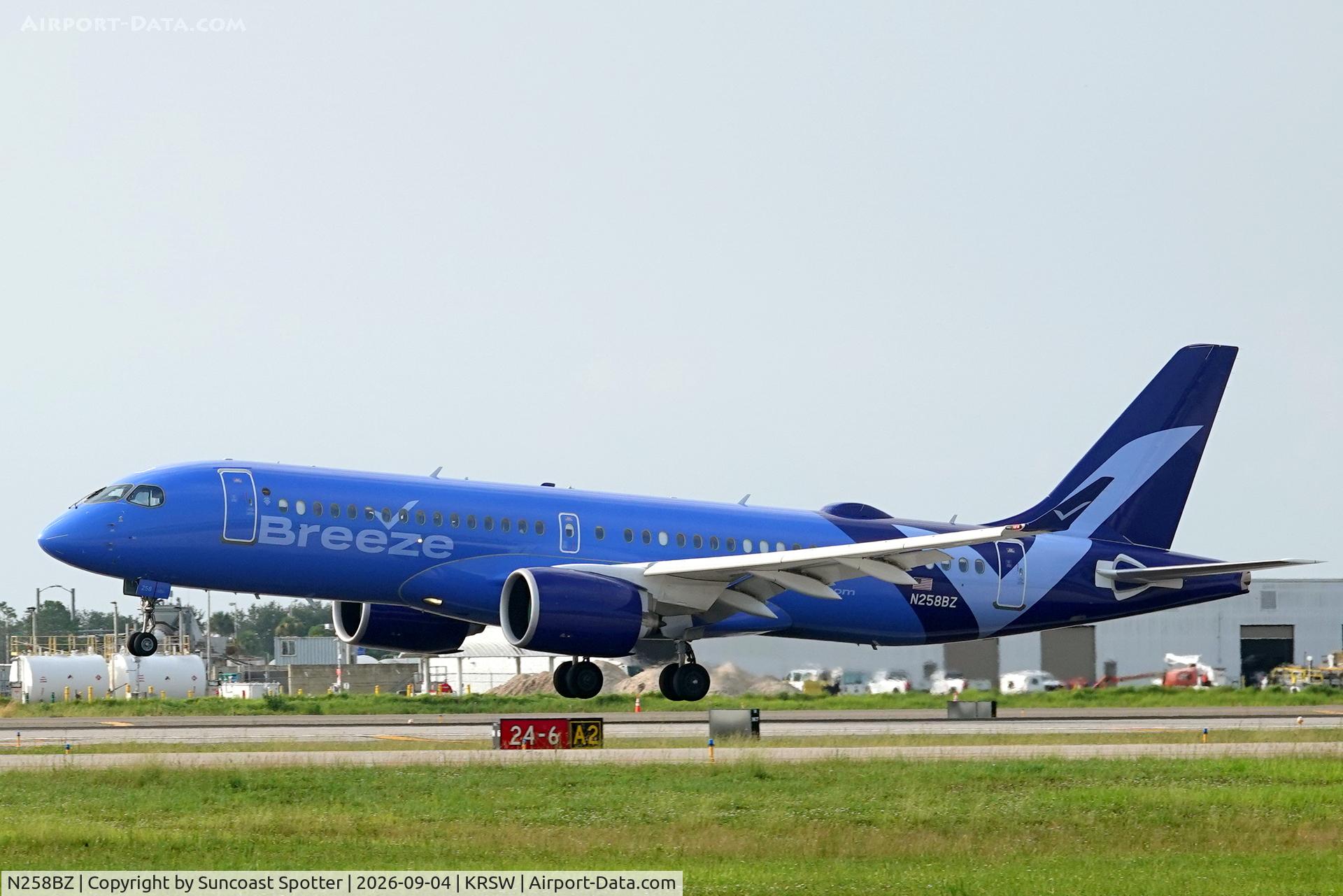 Aircraft N258BZ, 2025 Airbus A220-371, c/n 55378, Moxy 712 arrives at Southwest Florida International Airport following flight from TF Green Airport, at KRSW, photo by Suncoast Spotter