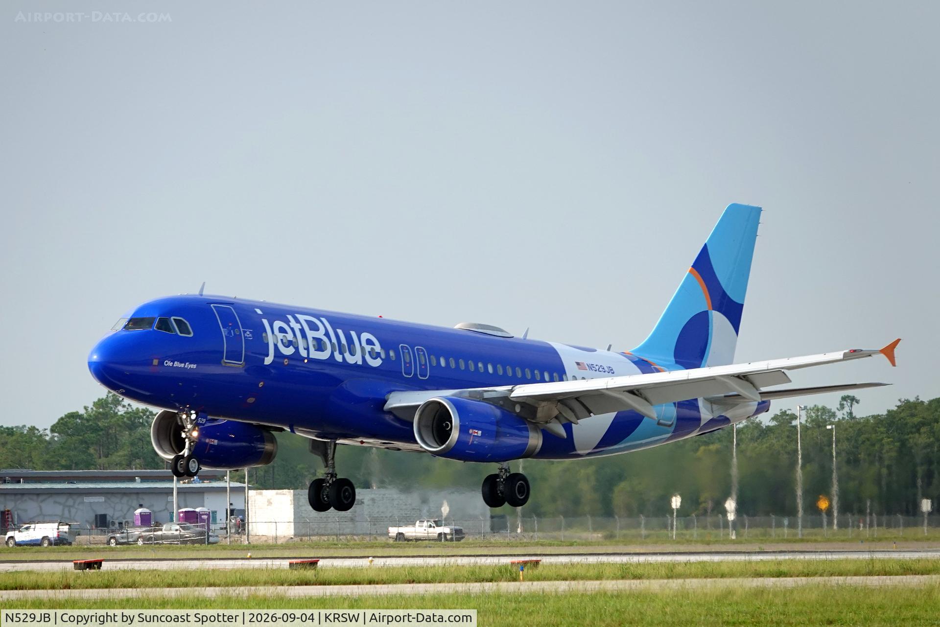 Aircraft N529JB, 2001 Airbus A320-232, c/n 1610, JetBlue 1551 arrives at Southwest Florida International Airport following flight from Westchester County Airport, at KRSW, photo by Suncoast Spotter