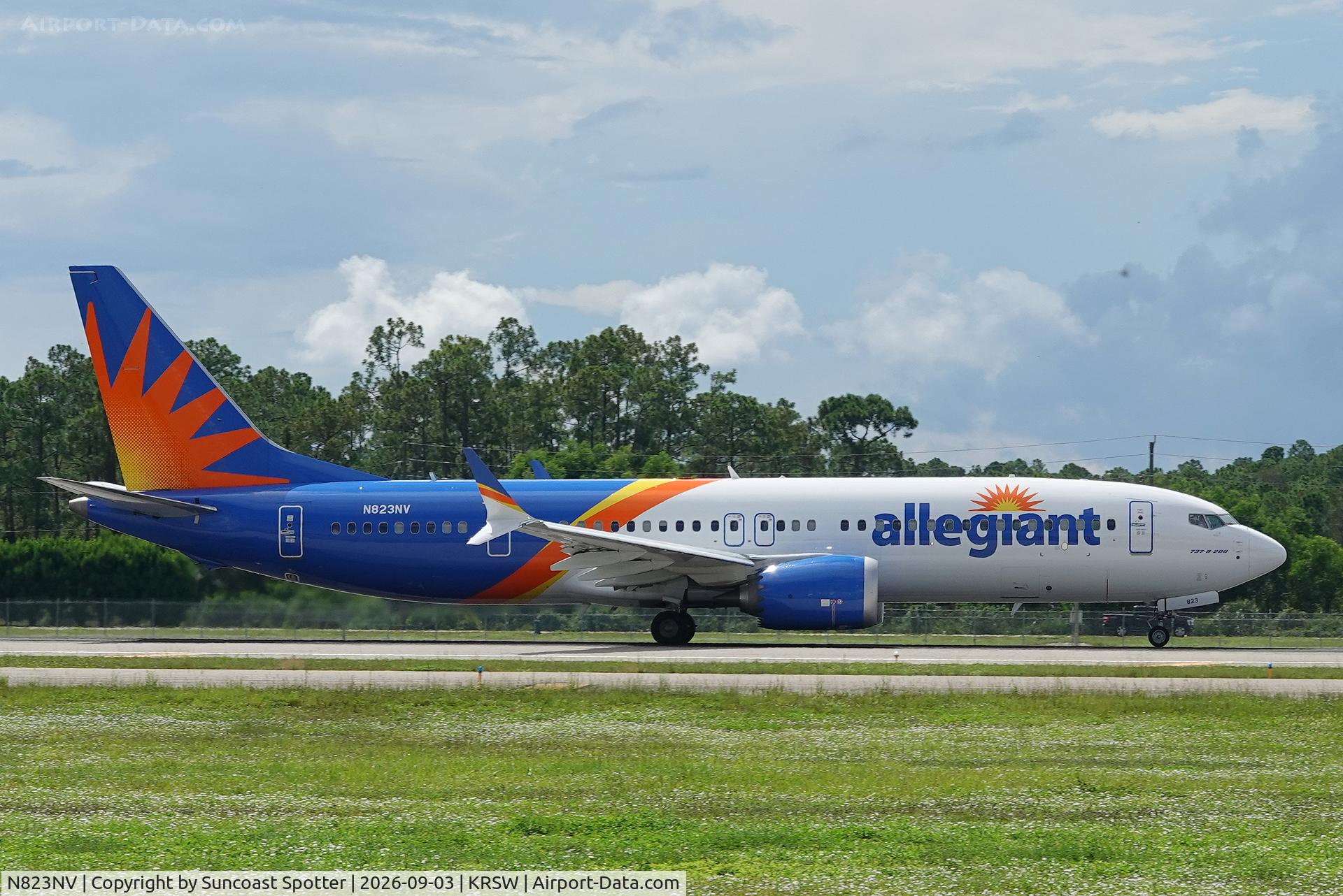 Aircraft N823NV, 2025 Boeing 737-8200, c/n 68020, Allegiant 163 departs Southwest Florida International Airport enroute to Lehigh Valley International Airport, at KRSW, photo by Suncoast Spotter