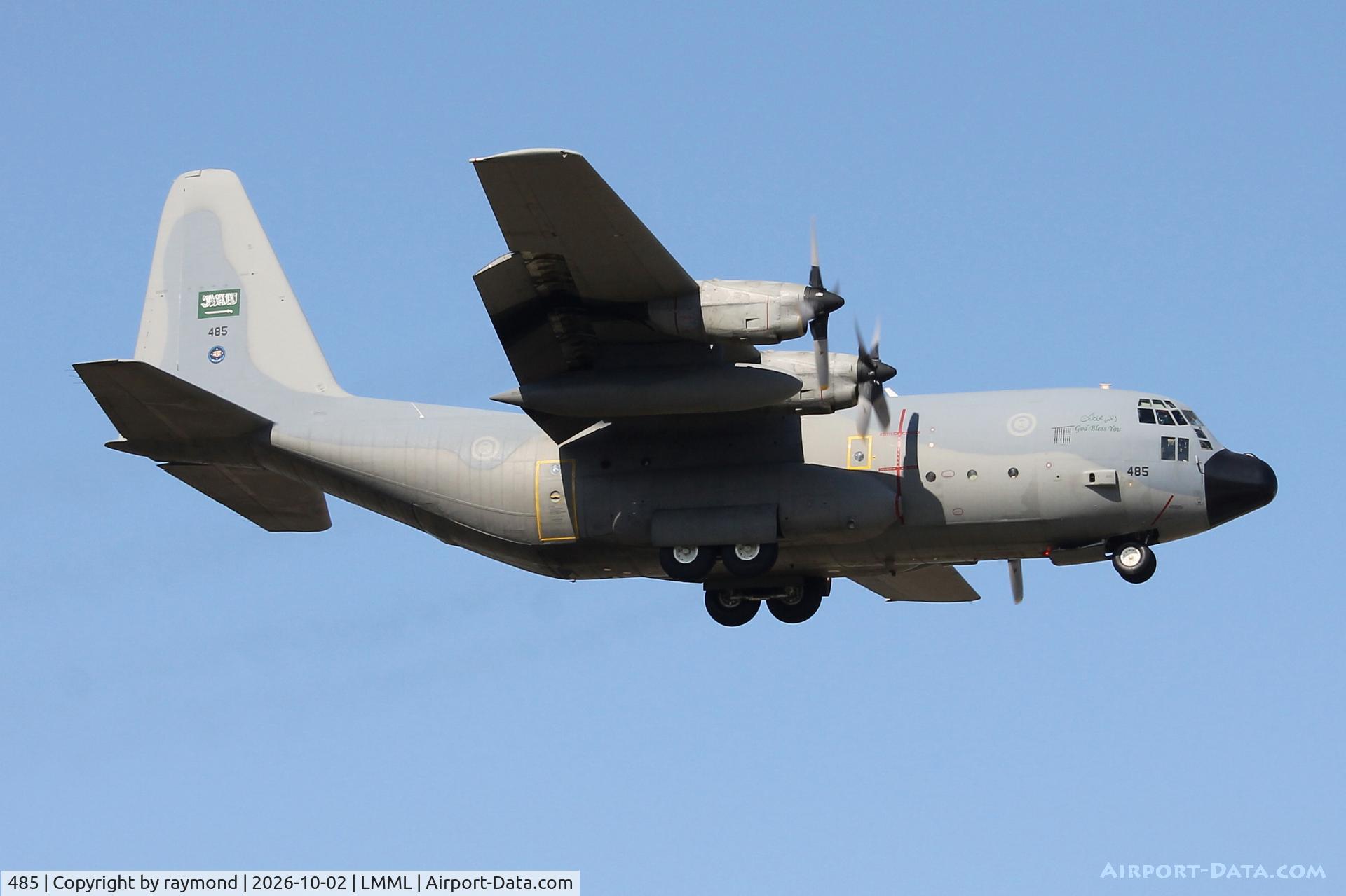 Aircraft 485, Lockheed VC-130H Hercules, c/n 382-4845, Lockheed C-130H Hercules reg 485 of Royal Saudi Air Force on final approach for RW13 Malta., at LMML, photo by raymond