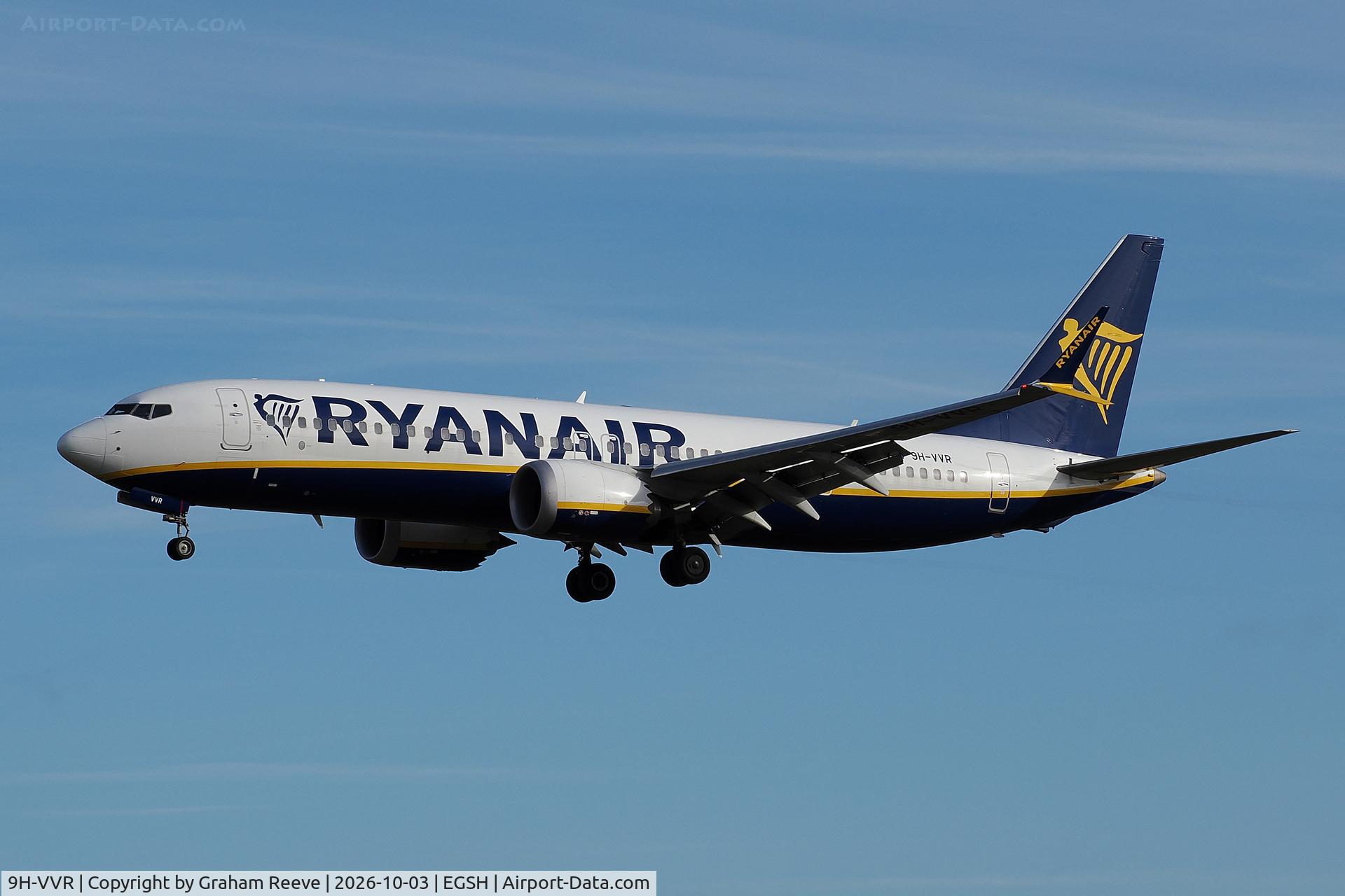 Aircraft 9H-VVR, 2024 Boeing 737-8 MAX, c/n 67098 l/n 8890, Landing at Norwich., at EGSH, photo by Graham Reeve