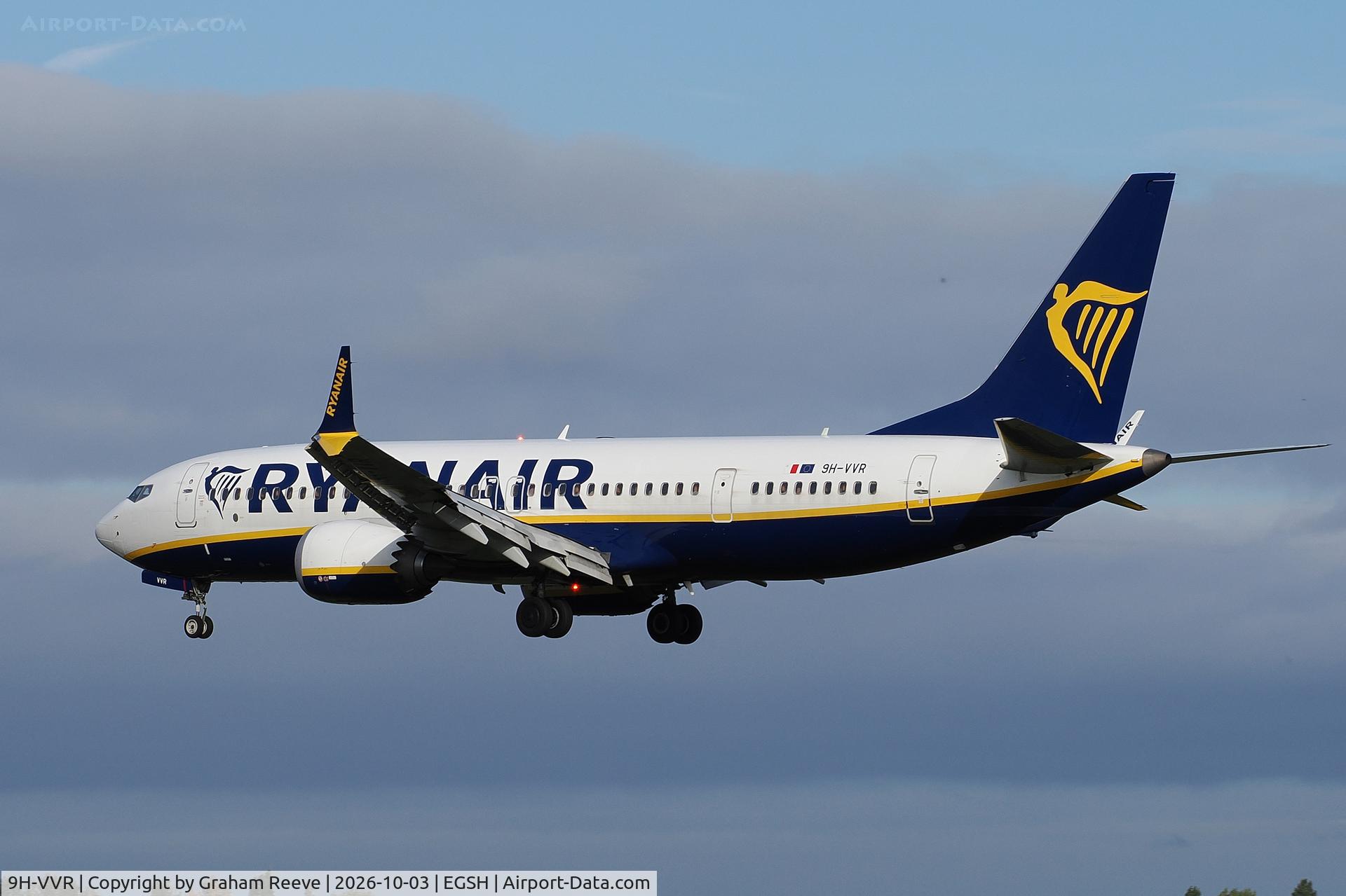 Aircraft 9H-VVR, 2024 Boeing 737-8 MAX, c/n 67098 l/n 8890, Landing at Norwich., at EGSH, photo by Graham Reeve