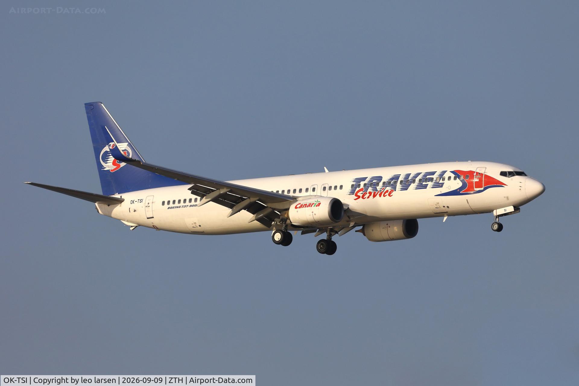 Aircraft OK-TSI, 2011 Boeing 737-9GJ/ER, c/n 37363 l/n 3843, Zakynthos 9.9.2026, at ZTH, photo by leo larsen