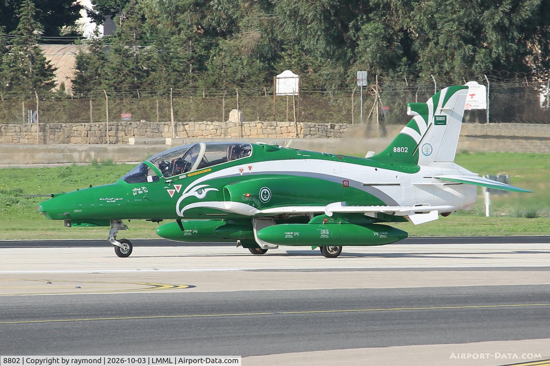 Aircraft 8802, British Aerospace Hawk Mk.165, c/n ST0000, Bae Hawk T.165 reg 8802 of Royal Saudi Air Force Aerobatic Team departing from Malta after a night stop., at LMML, photo by raymond