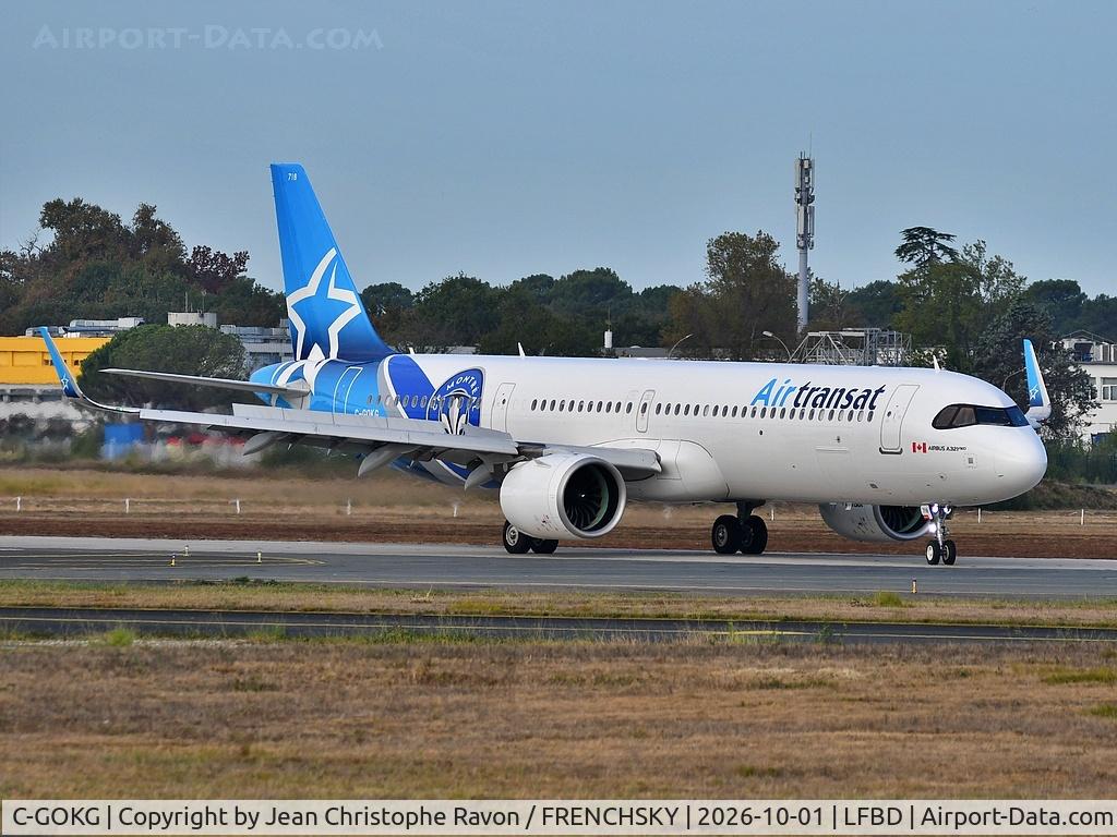 Aircraft C-GOKG, 2024 Airbus A321-271NX, c/n 11883, Montreal (YUL) Bordeaux (BOD) TS516 (FC Montréal sticker), at LFBD, photo by Jean Christophe Ravon / FRENCHSKY
