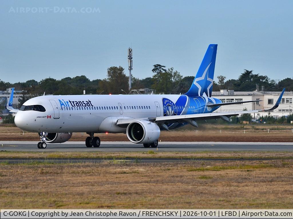 Aircraft C-GOKG, 2024 Airbus A321-271NX, c/n 11883, Montreal (YUL) Bordeaux (BOD) TS516 (FC Montréal sticker), at LFBD, photo by Jean Christophe Ravon / FRENCHSKY