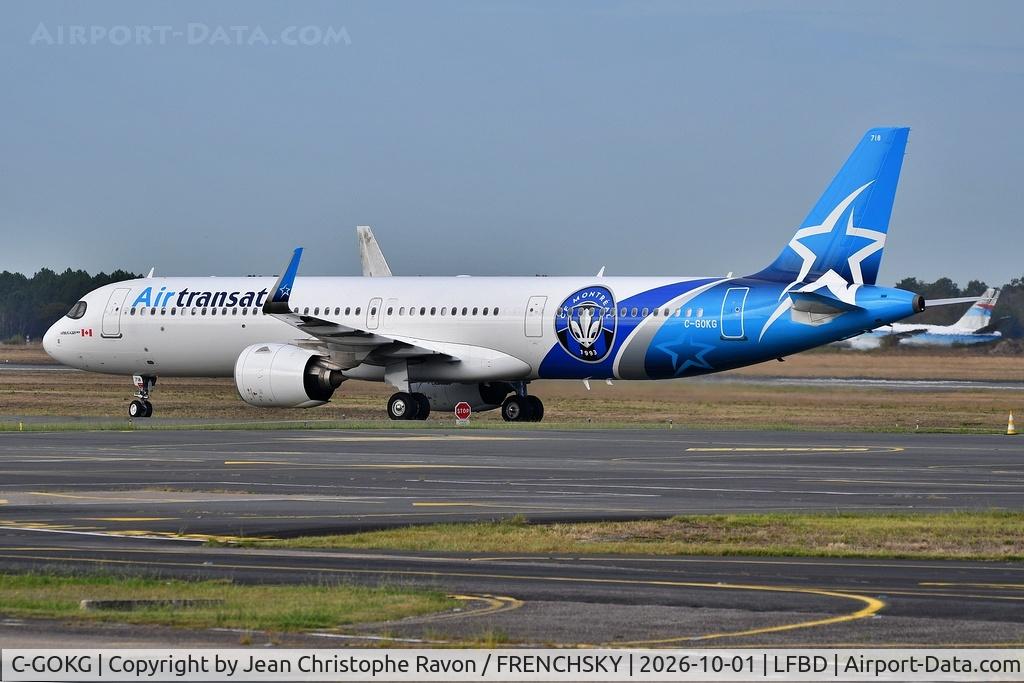 Aircraft C-GOKG, 2024 Airbus A321-271NX, c/n 11883, Montreal (YUL) Bordeaux (BOD) TS516 (FC Montréal sticker), at LFBD, photo by Jean Christophe Ravon / FRENCHSKY