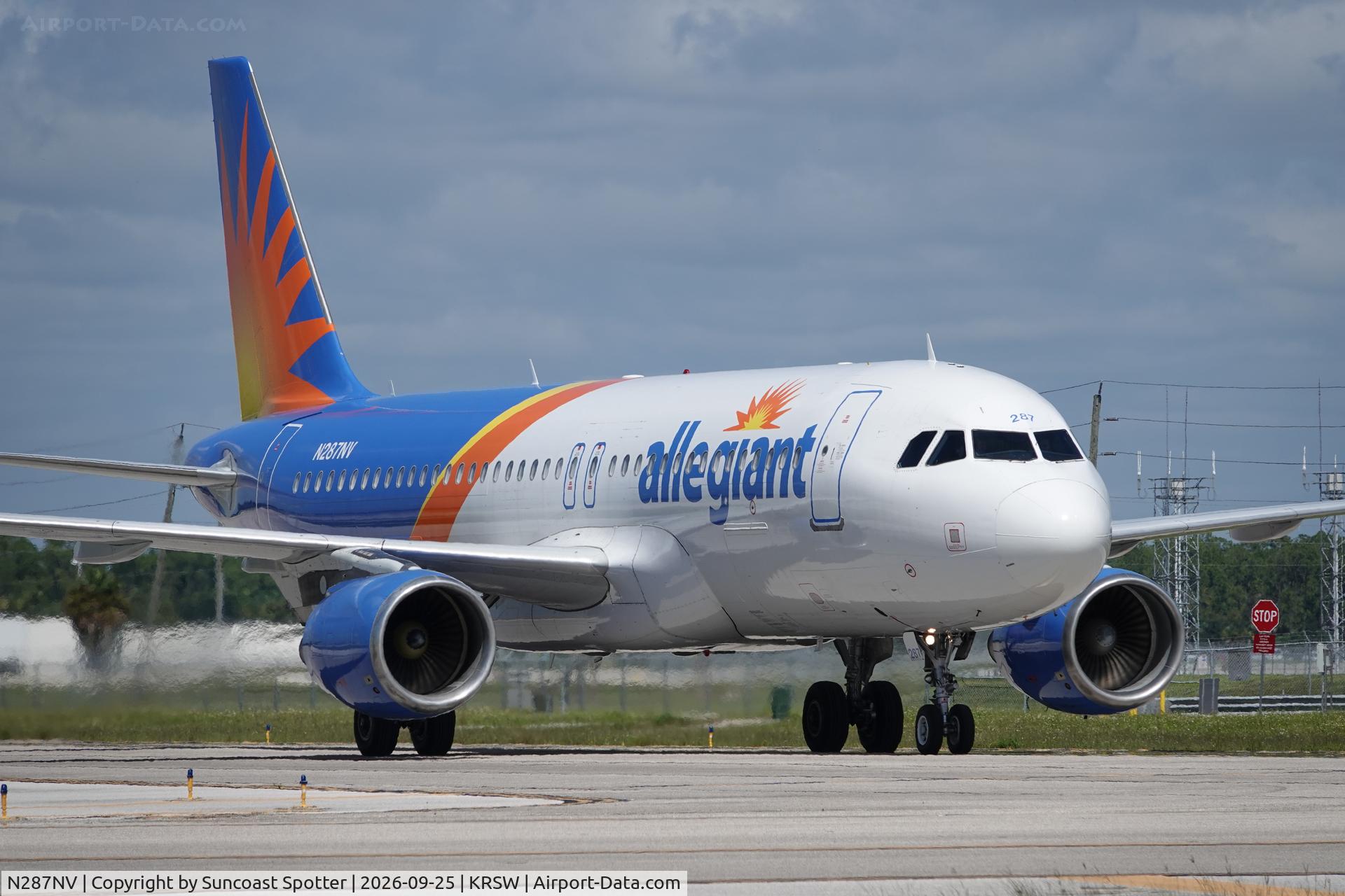 Aircraft N287NV, 2010 Airbus A320-214, c/n 4508, Allegiant 1557 taxis to the gate at Southwest Florida International Airport following flight from from Appleton International Airport, at KRSW, photo by Suncoast Spotter