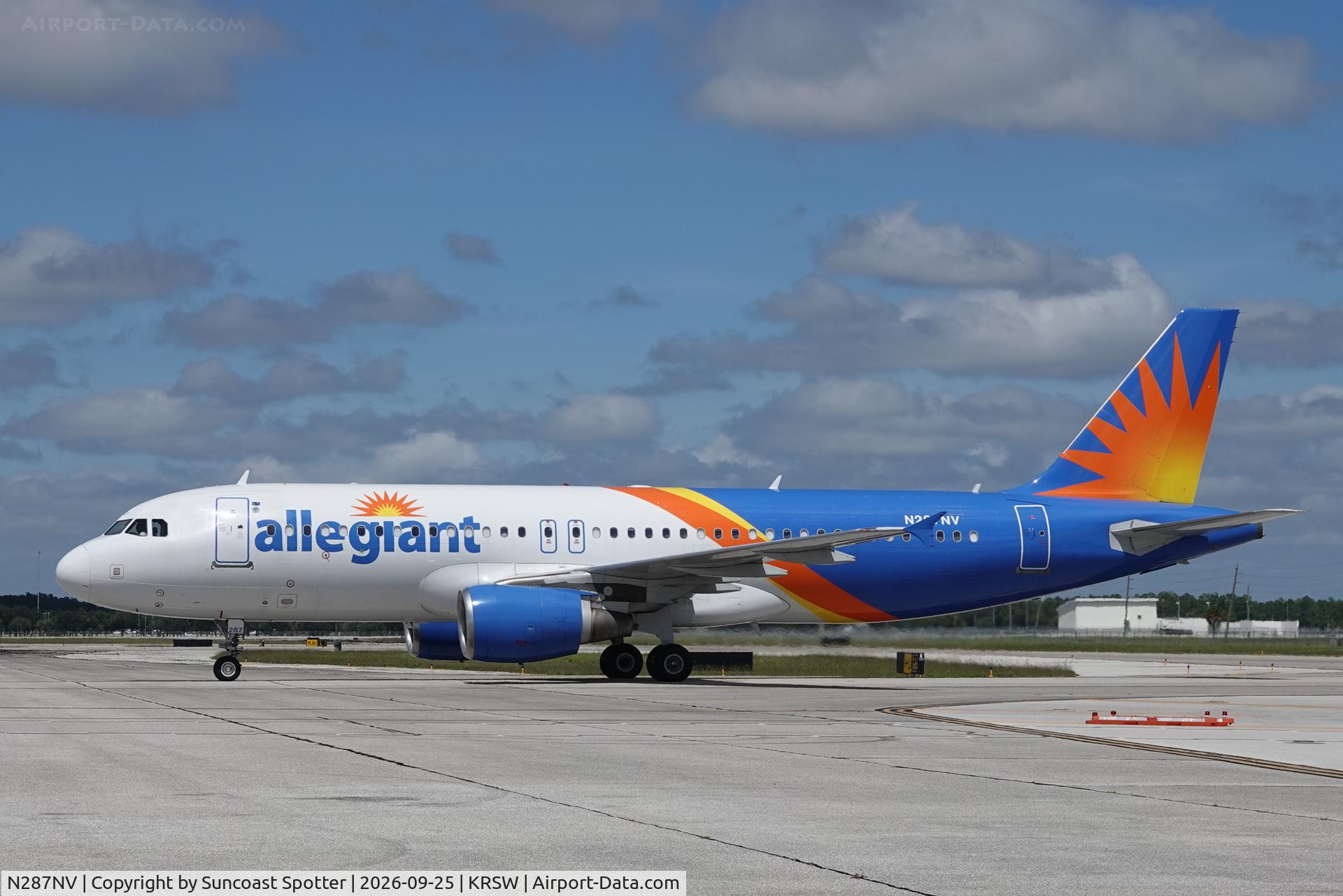 Aircraft N287NV, 2010 Airbus A320-214, c/n 4508, Allegiant 1557 taxis to the gate at Southwest Florida International Airport following flight from from Appleton International Airport, at KRSW, photo by Suncoast Spotter