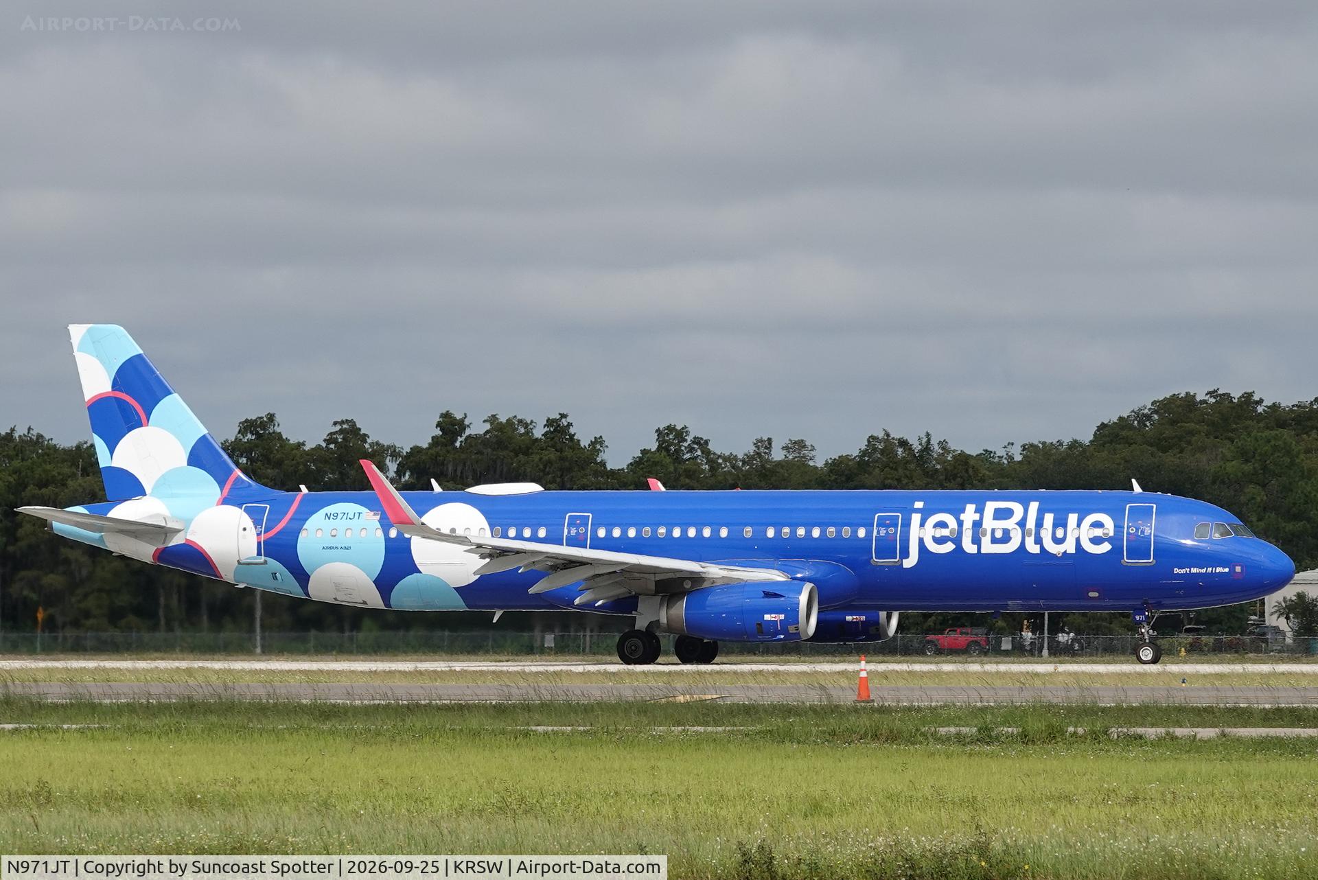 Aircraft N971JT, 2016 Airbus A321-231, c/n 7390, JetBlue 266 departs Southwest Florida International Airport enroute to Boston-Logan International Airport, at KRSW, photo by Suncoast Spotter