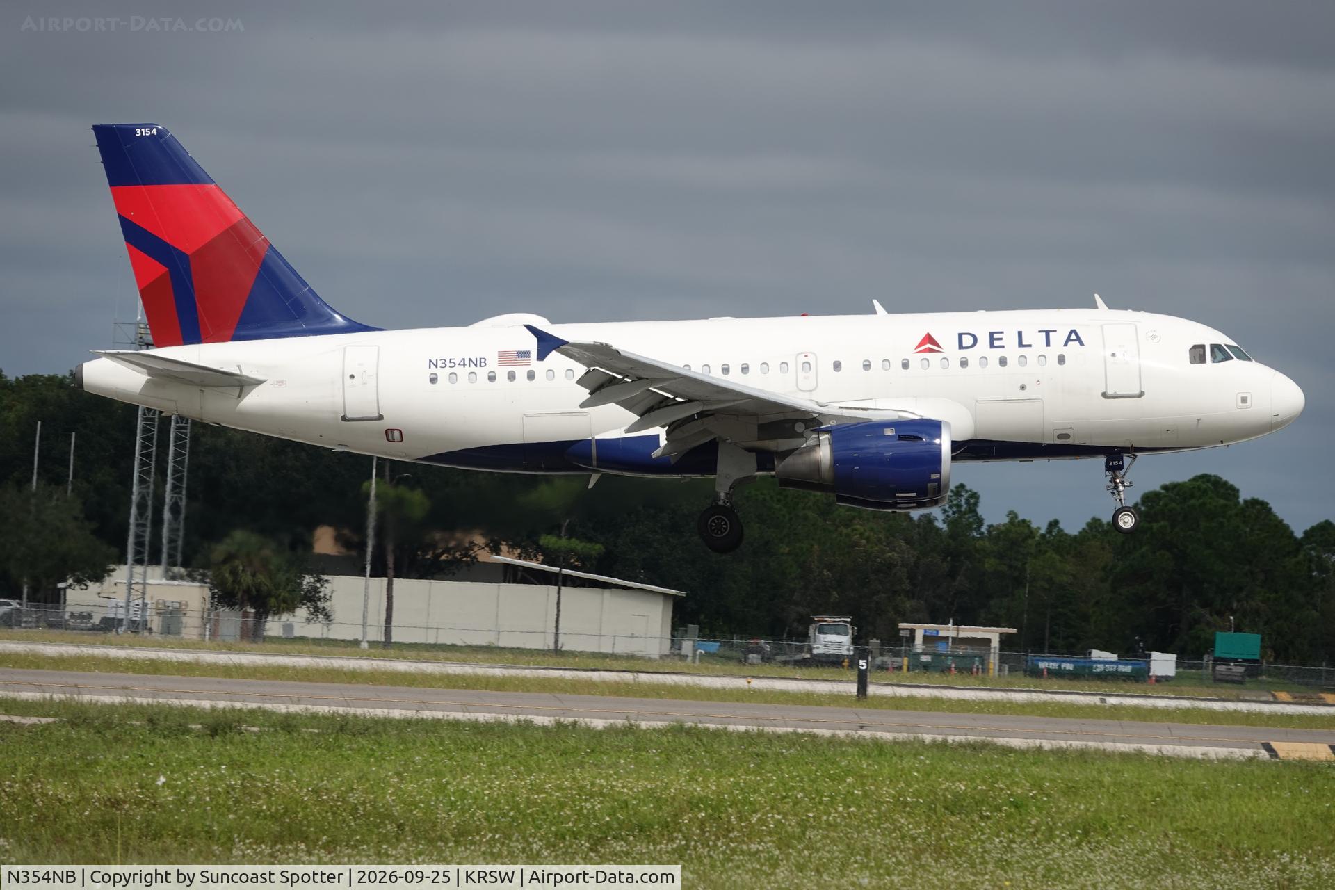 Aircraft N354NB, 2002 Airbus A319-114, c/n 1833, Delta 2320 arrives at Southwest Florida International Airport following flight from John F Kennedy International Airport, at KRSW, photo by Suncoast Spotter