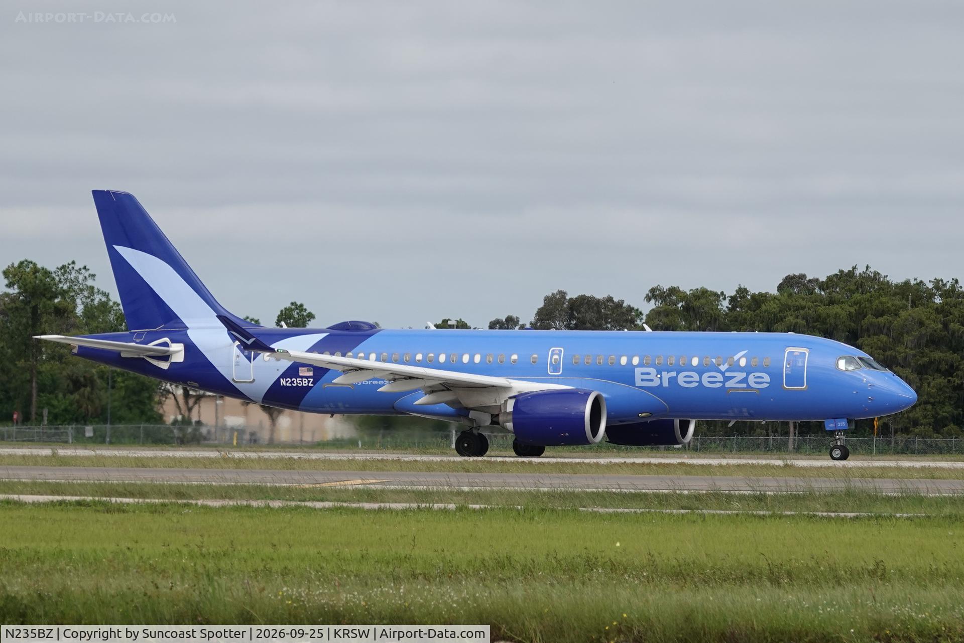 Aircraft N235BZ, 2024 Airbus A220-300 (BD-500-1A11), c/n 55277, Moxy 2966 departs Southwest Florida International Airport enroute to TF Green Airport, at KRSW, photo by Suncoast Spotter