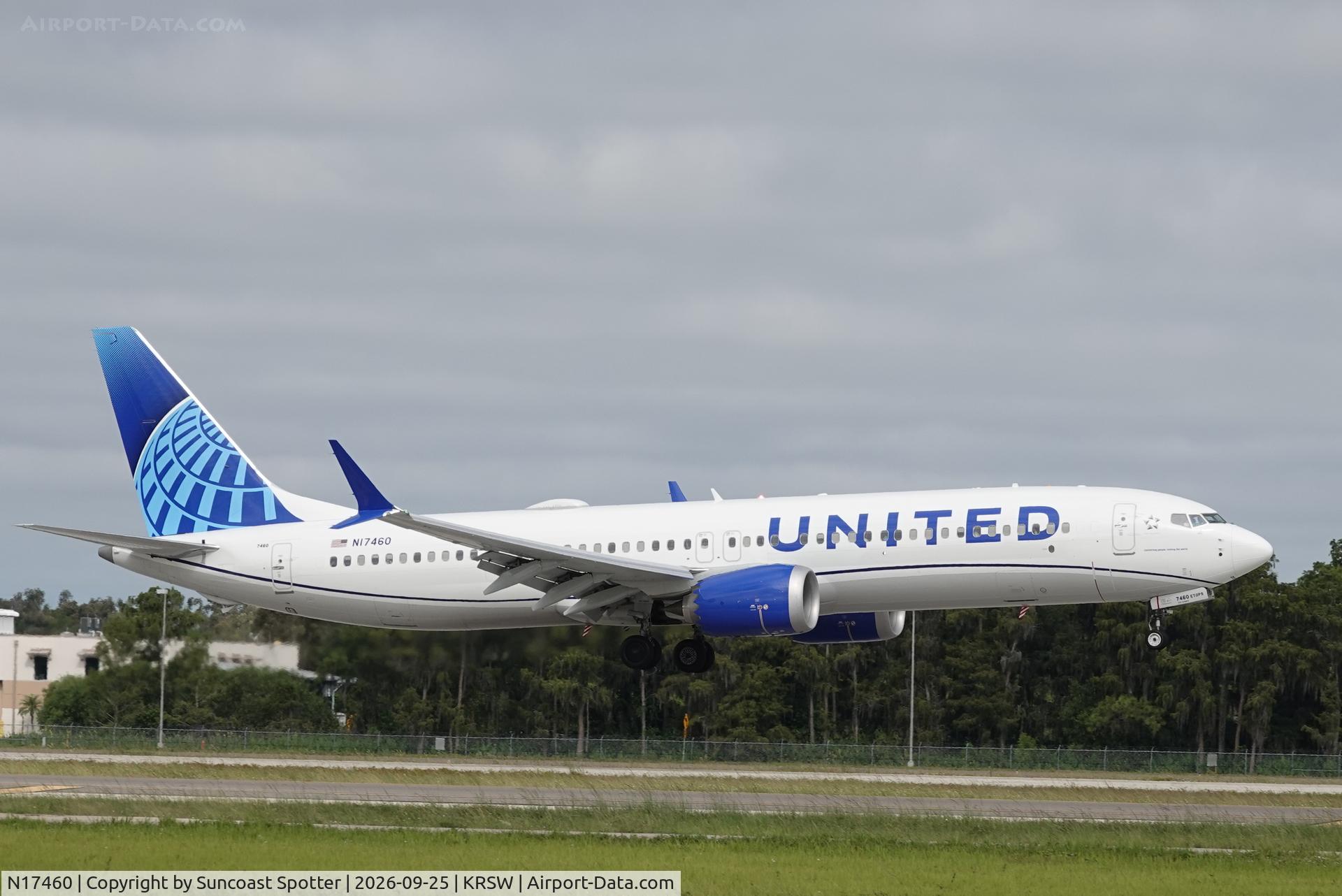 Aircraft N17460, 2026 Boeing 737 Max 9, c/n 67743 l/n 9715, United 1115 arrives at Southwest Florida International Airport following flight from Newark-Liberty International Airport, at KRSW, photo by Suncoast Spotter