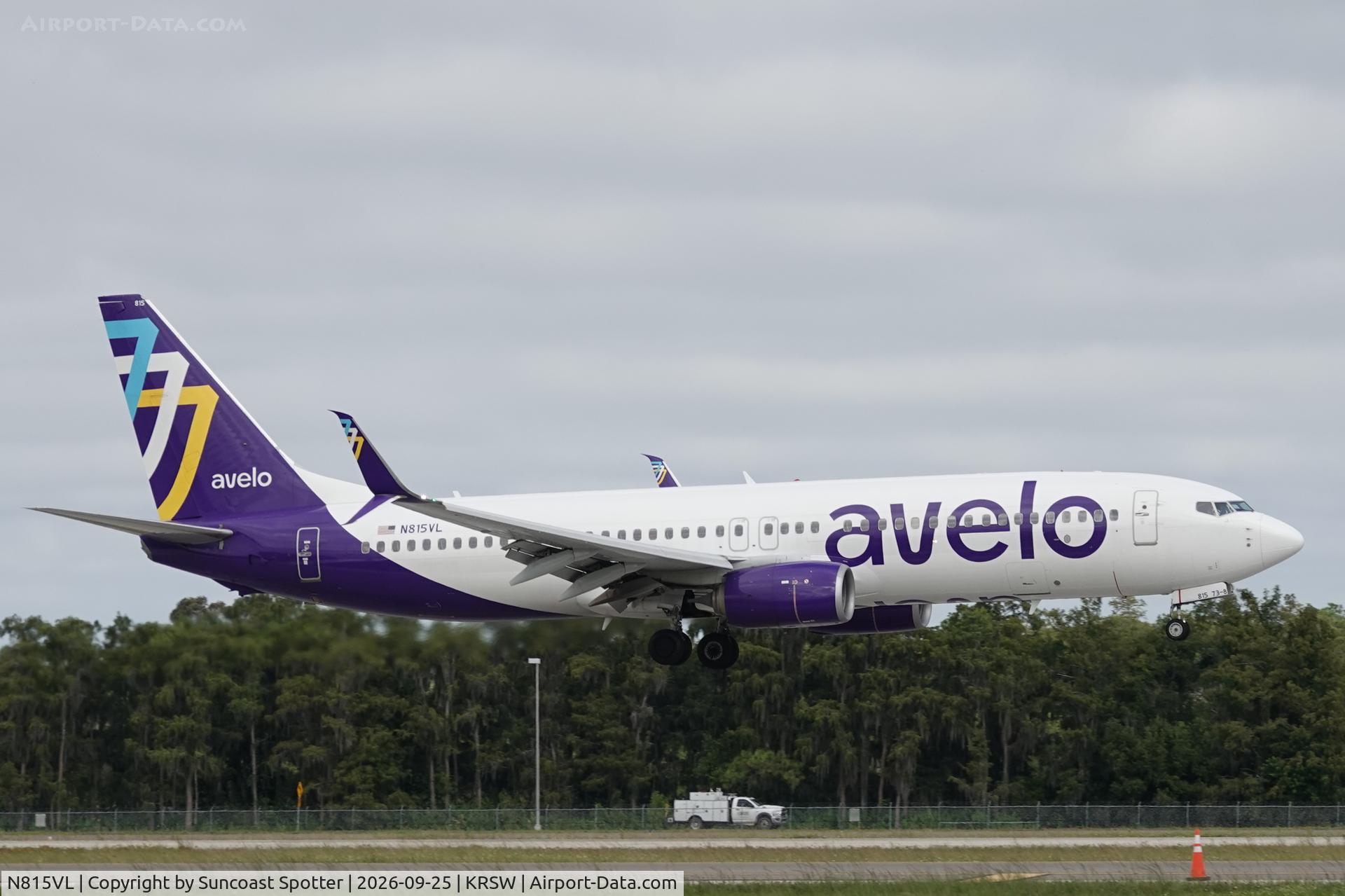 Aircraft N815VL, 2012 Boeing 737-8H4, c/n 39883, Avelo 357 arrives at Southwest Florida International Airport following flight from Tweed New Haven Airport, at KRSW, photo by Suncoast Spotter