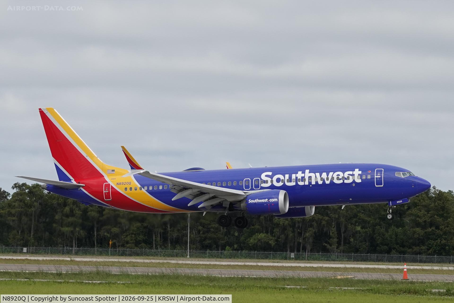 Aircraft N8920Q, 2023 Boeing 737-9 MAX, c/n 42557 l/n 8840, Southwest 1066 arrives at Southwest Florida International Airport following flight from Baltimore-Washington International Airport, at KRSW, photo by Suncoast Spotter