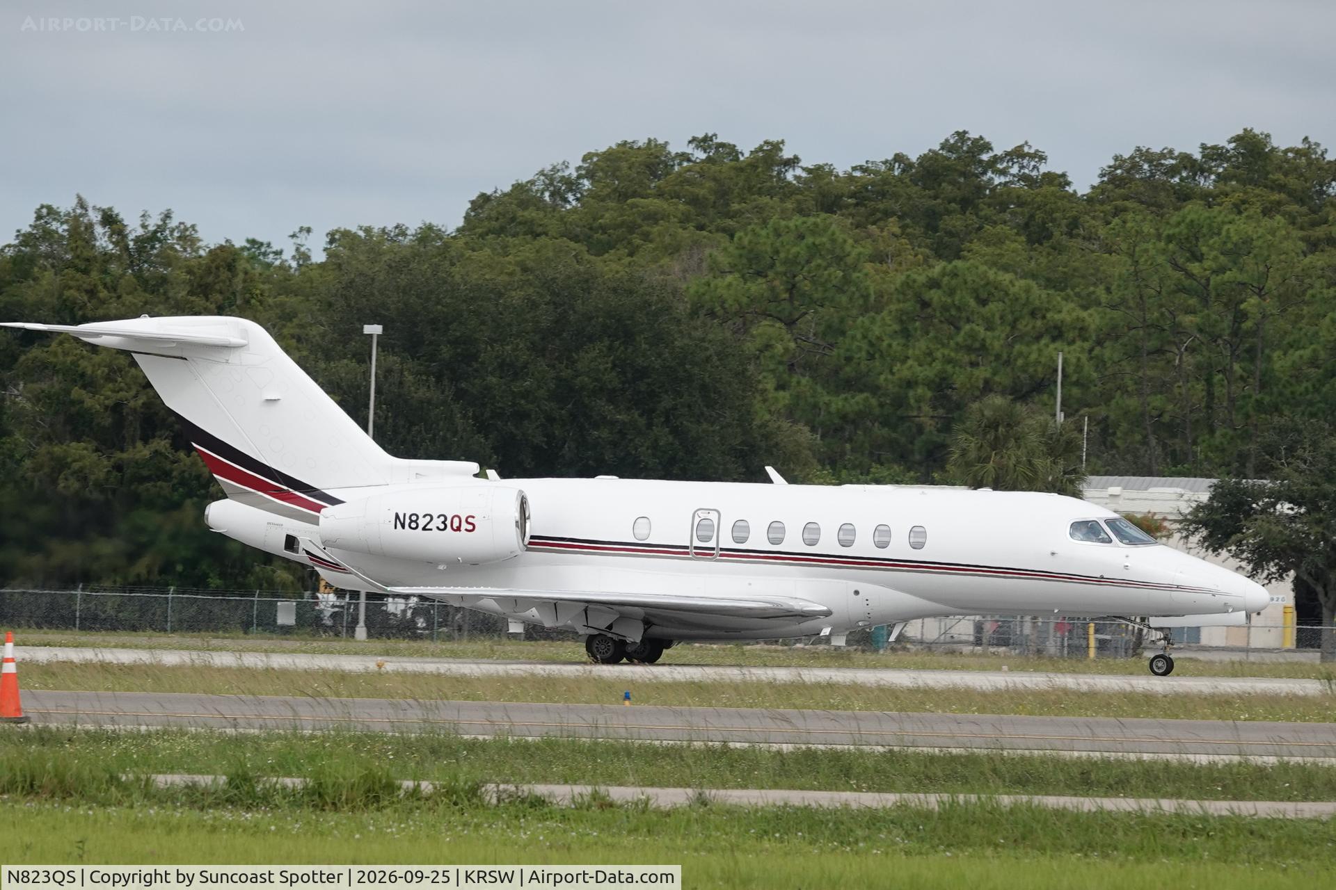 Aircraft N823QS, 2021 Cessna 700 Citation Longitude, c/n 700-0061, Execjet 823 departs Southwest Florida International Airport enroute to Raleigh-Durham International Airport, at KRSW, photo by Suncoast Spotter