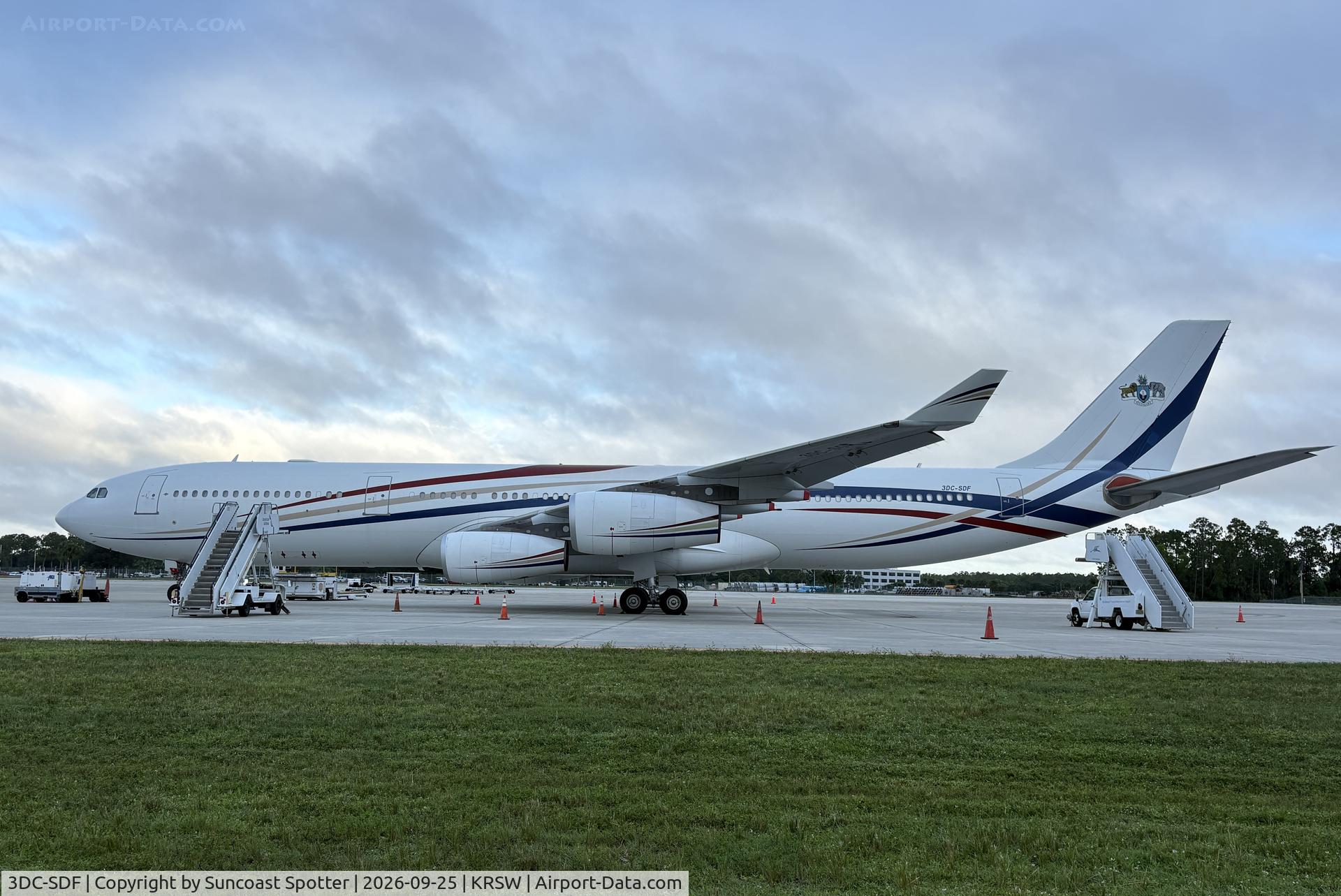 Aircraft 3DC-SDF, 2001 Airbus A340-313X, c/n 406, King Mswati III from the Kingdom of Eswatini Airbus A340 sits on the north ramp at Southwest Florida International Airport, at KRSW, photo by Suncoast Spotter