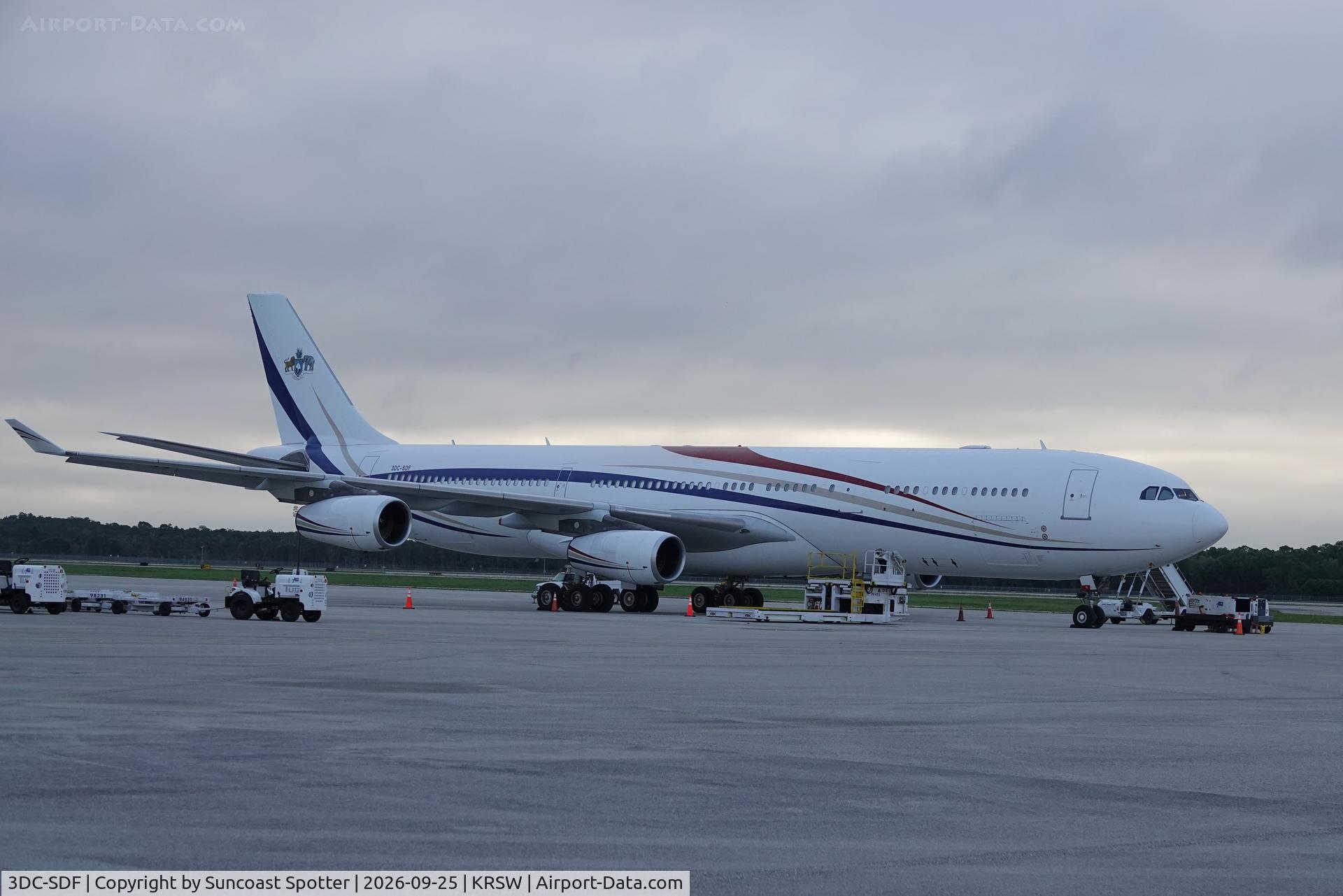 Aircraft 3DC-SDF, 2001 Airbus A340-313X, c/n 406, King Mswati III from the Kingdom of Eswatini Airbus A340 sits on the north ramp at Southwest Florida International Airport, at KRSW, photo by Suncoast Spotter