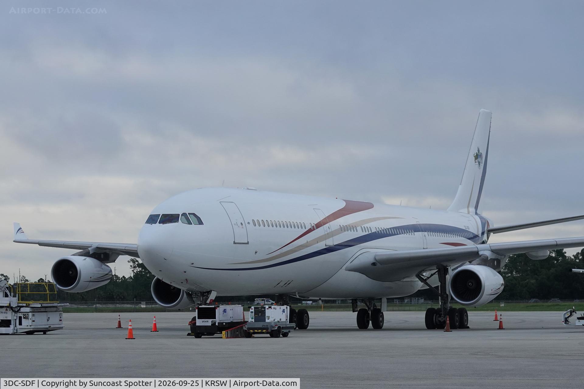 Aircraft 3DC-SDF, 2001 Airbus A340-313X, c/n 406, King Mswati III from the Kingdom of Eswatini Airbus A340 sits on the north ramp at Southwest Florida International Airport, at KRSW, photo by Suncoast Spotter