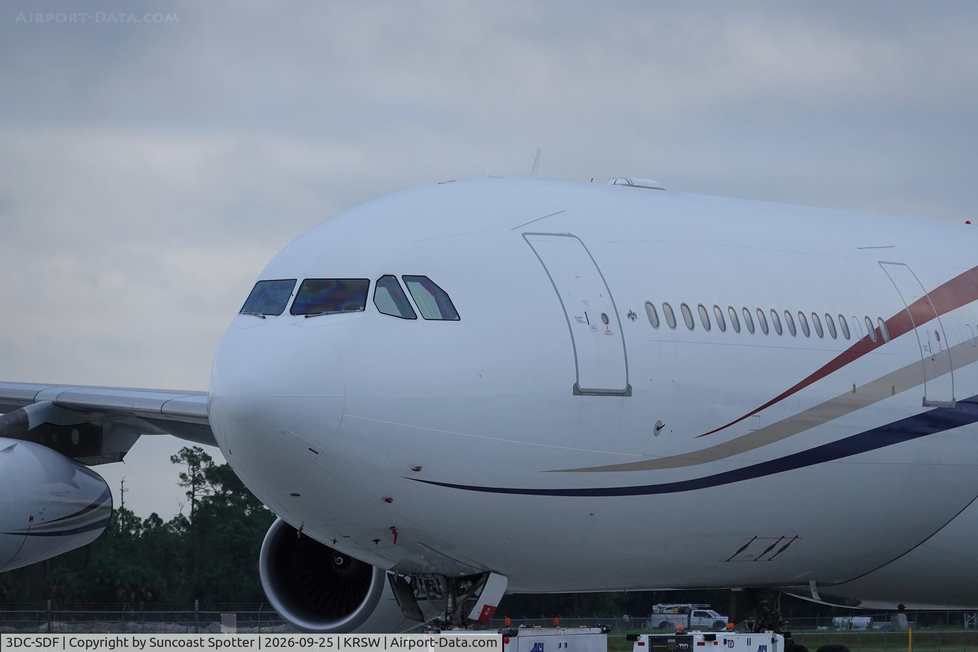 Aircraft 3DC-SDF, 2001 Airbus A340-313X, c/n 406, King Mswati III from the Kingdom of Eswatini Airbus A340 sits on the north ramp at Southwest Florida International Airport, at KRSW, photo by Suncoast Spotter