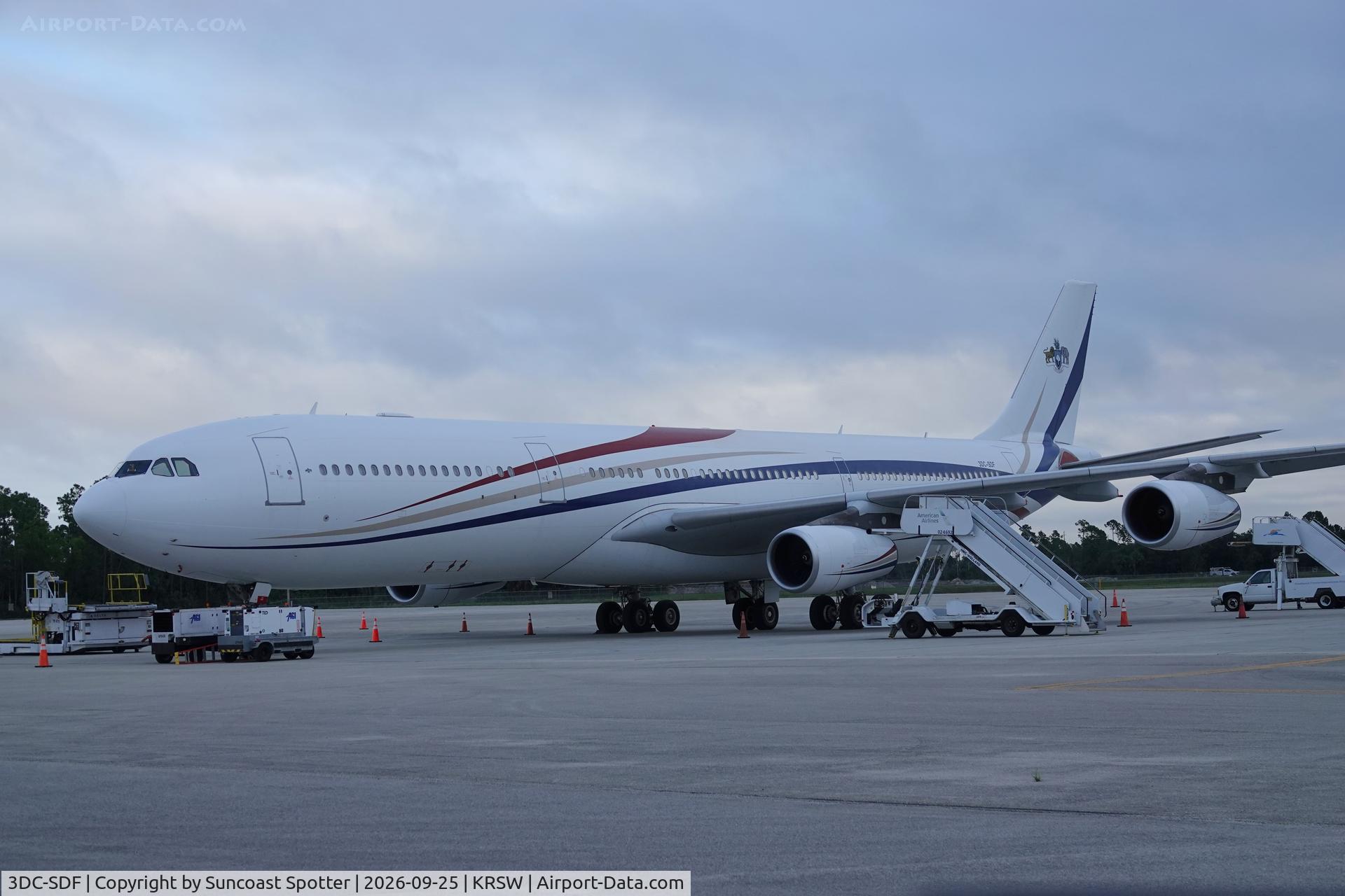 Aircraft 3DC-SDF, 2001 Airbus A340-313X, c/n 406, King Mswati III from the Kingdom of Eswatini Airbus A340 sits on the north ramp at Southwest Florida International Airport, at KRSW, photo by Suncoast Spotter