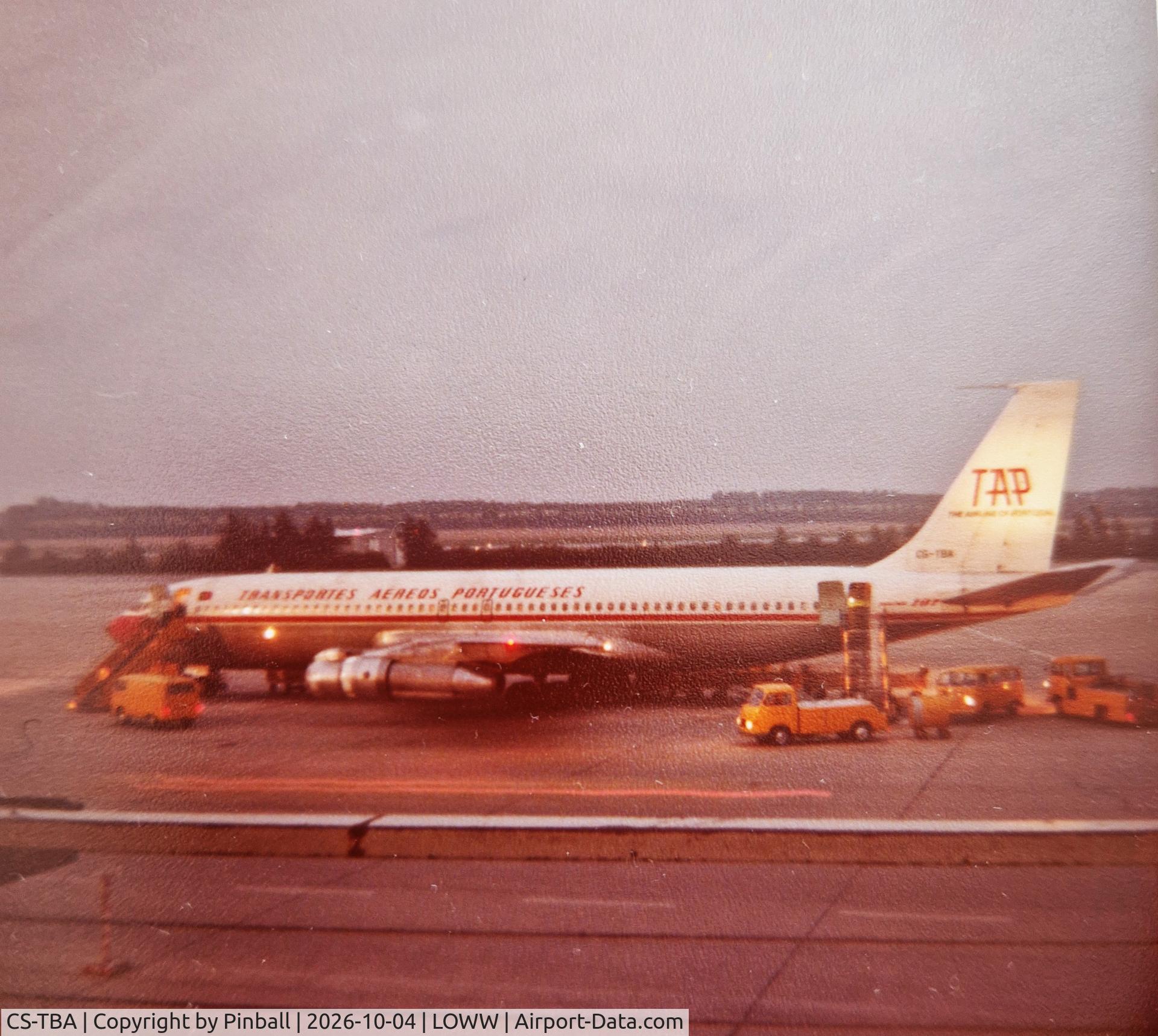 Aircraft CS-TBA, 1965 Boeing 707-382B (TC-18F), c/n 18961 l/n 456, Early Morning shot, Paperprint, 1978, at LOWW, photo by Pinball