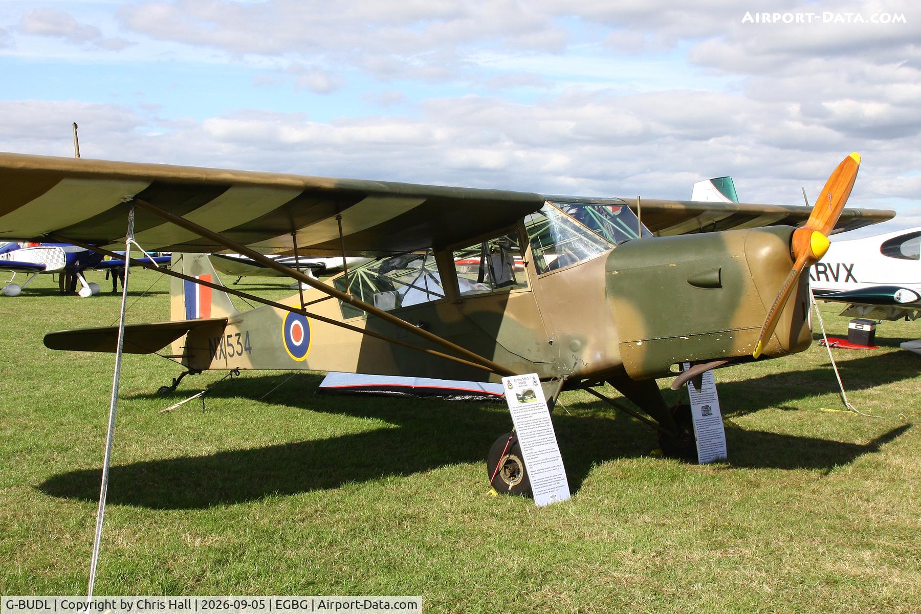 Aircraft G-BUDL, 1943 Taylorcraft E Auster 3, c/n 458, LAA 80th Anniversary Rally, at EGBG, photo by Chris Hall