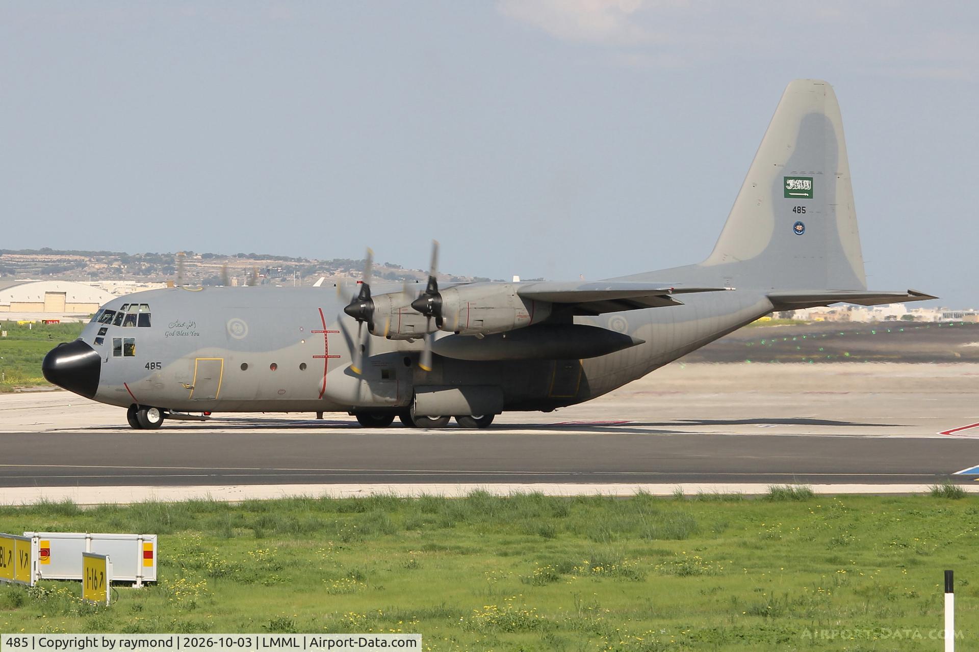 Aircraft 485, Lockheed VC-130H Hercules, c/n 382-4845, Lockheed C-130H Hercules reg 485 of the Royal Saudi Air Force was the support aircraft for the Royal Saudi Aerobatic Team, night stopping in Malta on their way to Marrakech Airshow., at LMML, photo by raymond