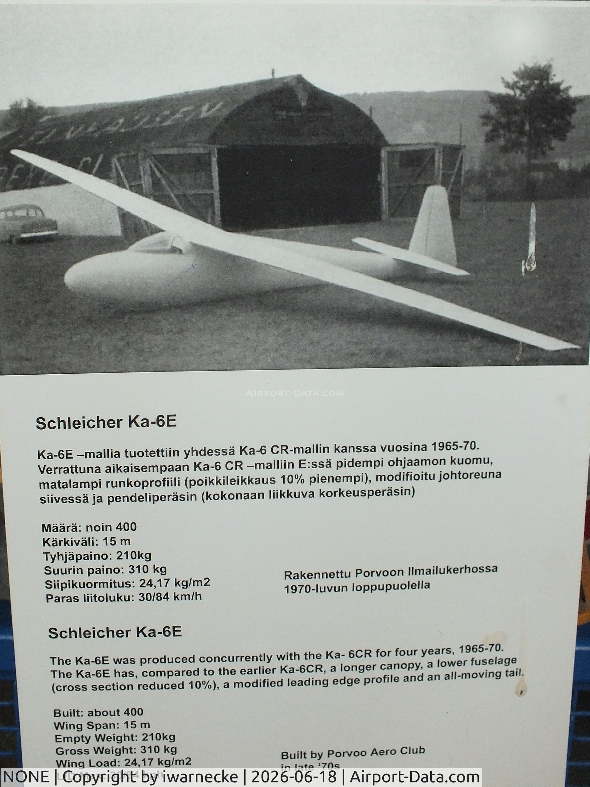 Aircraft NONE, Schleicher Ka-6E Rhonsegler, c/n not found_Vantaa Ka 6E, Schleicher Ka 6E Rhönsegler (incomplete fuselage only) at the Suomen Ilmailumuseo (Finnish Aviation Museum), Vantaa, photo by iwarnecke