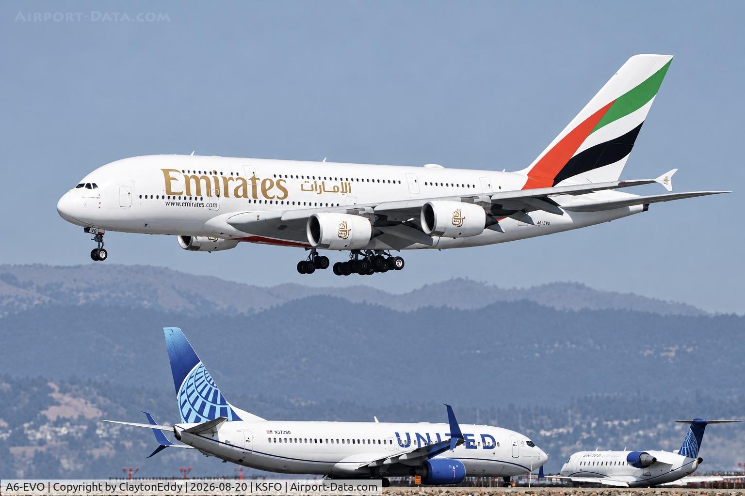 Aircraft A6-EVO, 2020 Airbus A380-842, c/n 268, SFO 2026, at KSFO, photo by ClaytonEddy