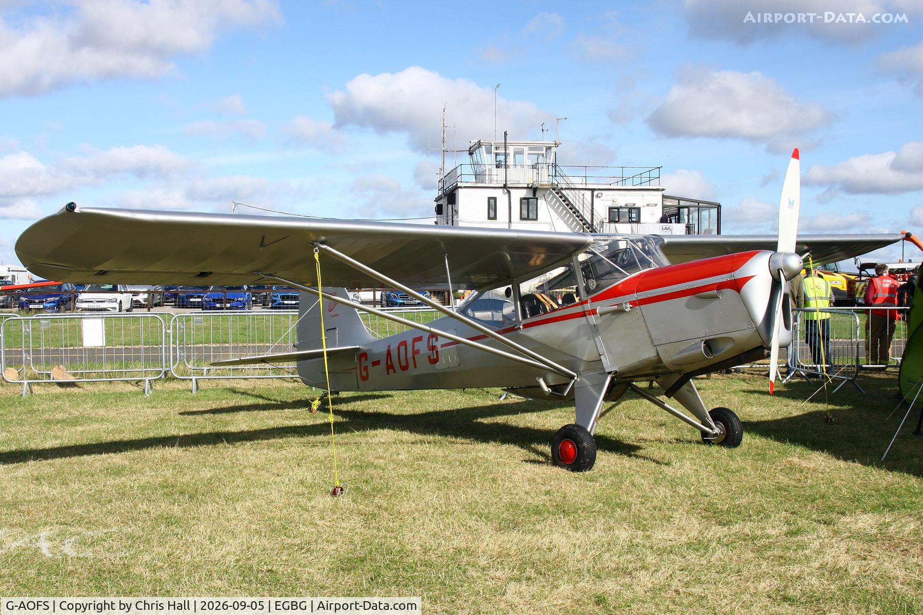 Aircraft G-AOFS, 1955 Auster J-5L Aiglet Trainer, c/n 3143, LAA 80th Anniversary Rally, at EGBG, photo by Chris Hall