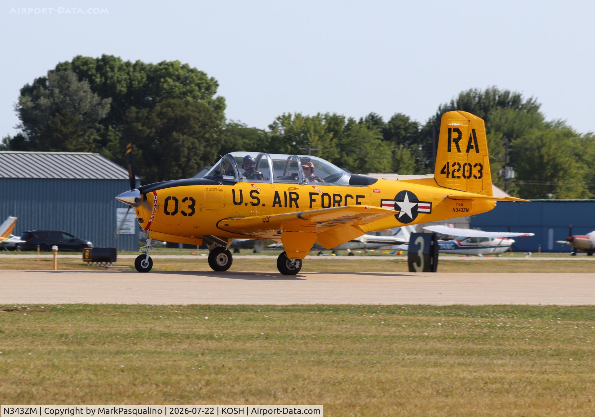 Aircraft N343ZM, 1955 Beech T-34A Mentor, c/n G-303, Beech T-34A, at KOSH, photo by MarkPasqualino