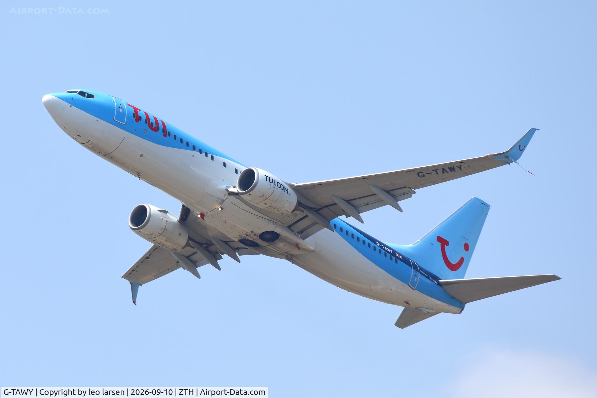 Aircraft G-TAWY, Boeing 737-8K5, c/n 37246, Zakynthos 10.9.2026, at ZTH, photo by leo larsen