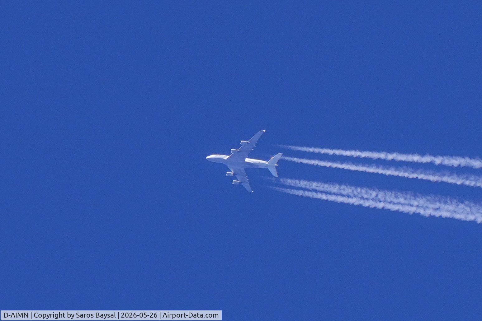 Aircraft D-AIMN, 2014 Airbus A380-841, c/n 177, D-AIMN over Blankenberge, photo by Saros Baysal