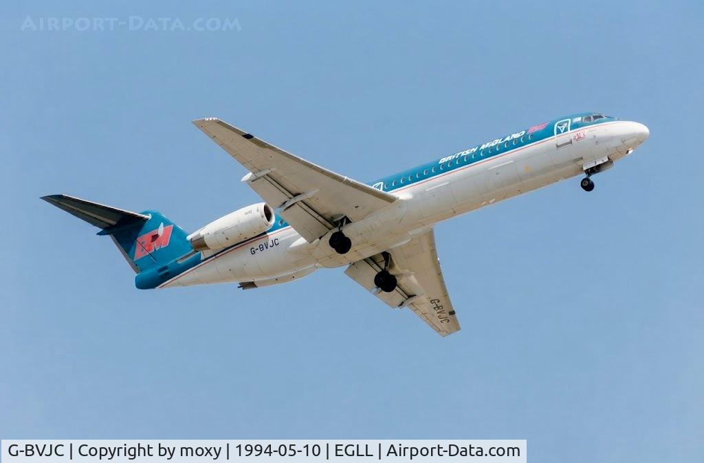 Aircraft G-BVJC, 1994 Fokker 100 (F-28-0100), c/n 11497, Fokker 100 (F-28-0100) landing 9R London Heathrow., at EGLL, photo by moxy