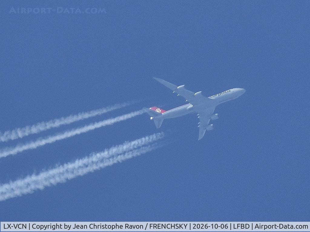 Aircraft LX-VCN, 2016 Boeing 747-8R7F, c/n 38076, Campinas (VCP) Luxembourg (LUX) CV6232 level 400, at LFBD, photo by Jean Christophe Ravon / FRENCHSKY