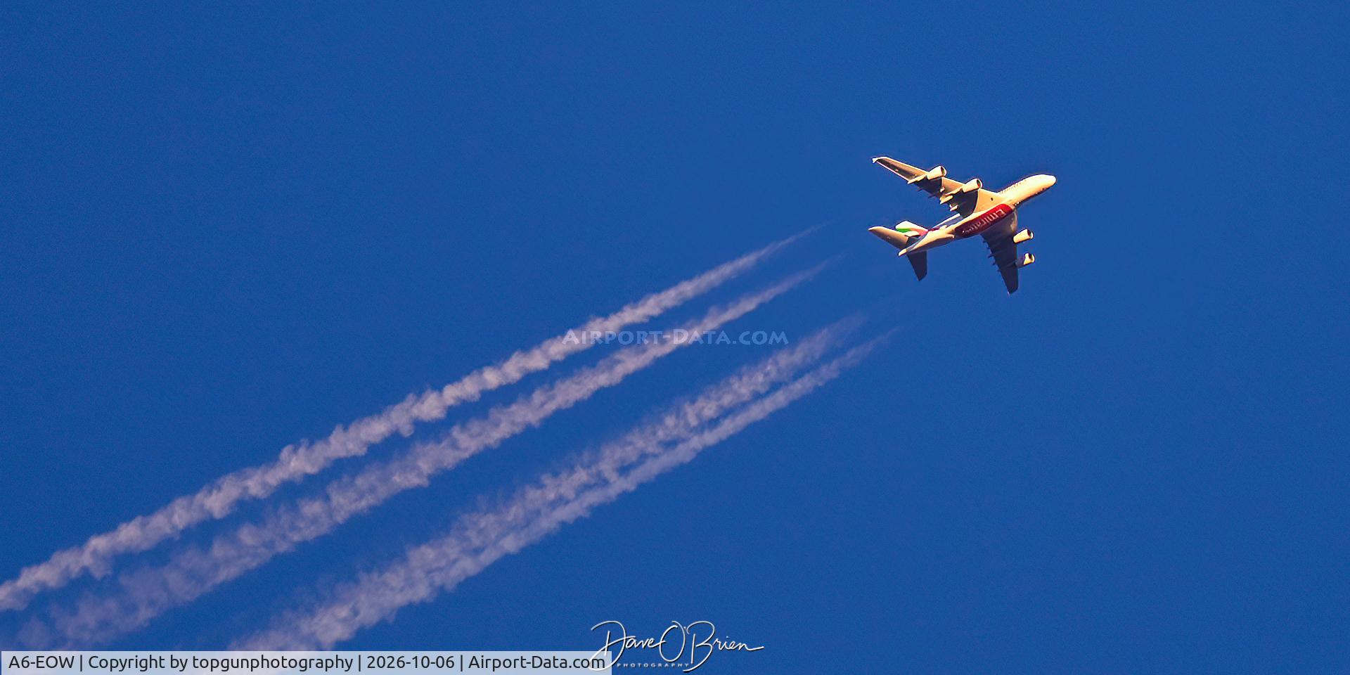 Aircraft A6-EOW, 2015 Airbus A380-861, c/n 207, A380 overhead heading to JFK at 40K', photo by topgunphotography