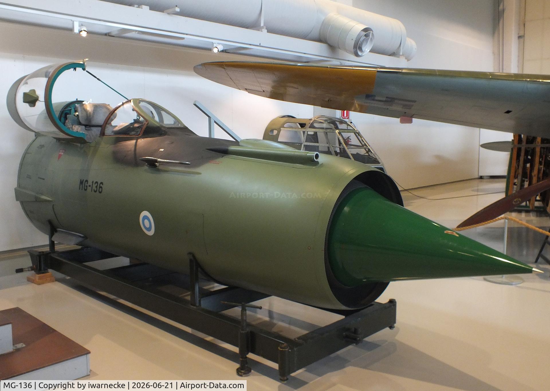 Aircraft MG-136, Mikoyan-Gurevich MiG-21bis, c/n N75098129, Mikoyan i Gurevich MiG-21bis FISHBED-N (forward fuselage only) at the Suomen Ilmavoimamuseo (Finnish Air Force Museum, formerly known as Keski-Suomen Ilmailumuseo / Aviation Museum of Central Finland), Jyväskylä-Tikkakoski, photo by iwarnecke