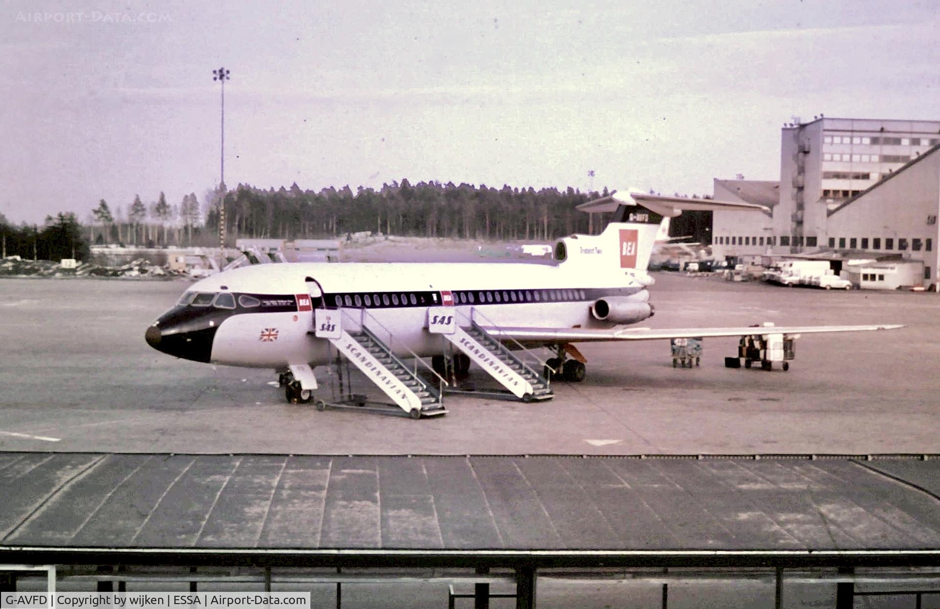 Aircraft G-AVFD, 1967 Hawker Siddeley HS-121 Trident 2E, c/n 2143, Ramp 1968, at ESSA, photo by wijken