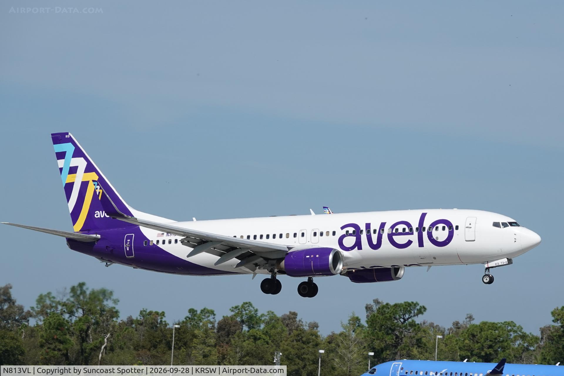 Aircraft N813VL, 2009 Boeing 737-846, c/n 35353 l/n 3105, Avelo 357 arrives at Southwest Florida International Airport following flight from Tweed New Haven Airport, at KRSW, photo by Suncoast Spotter
