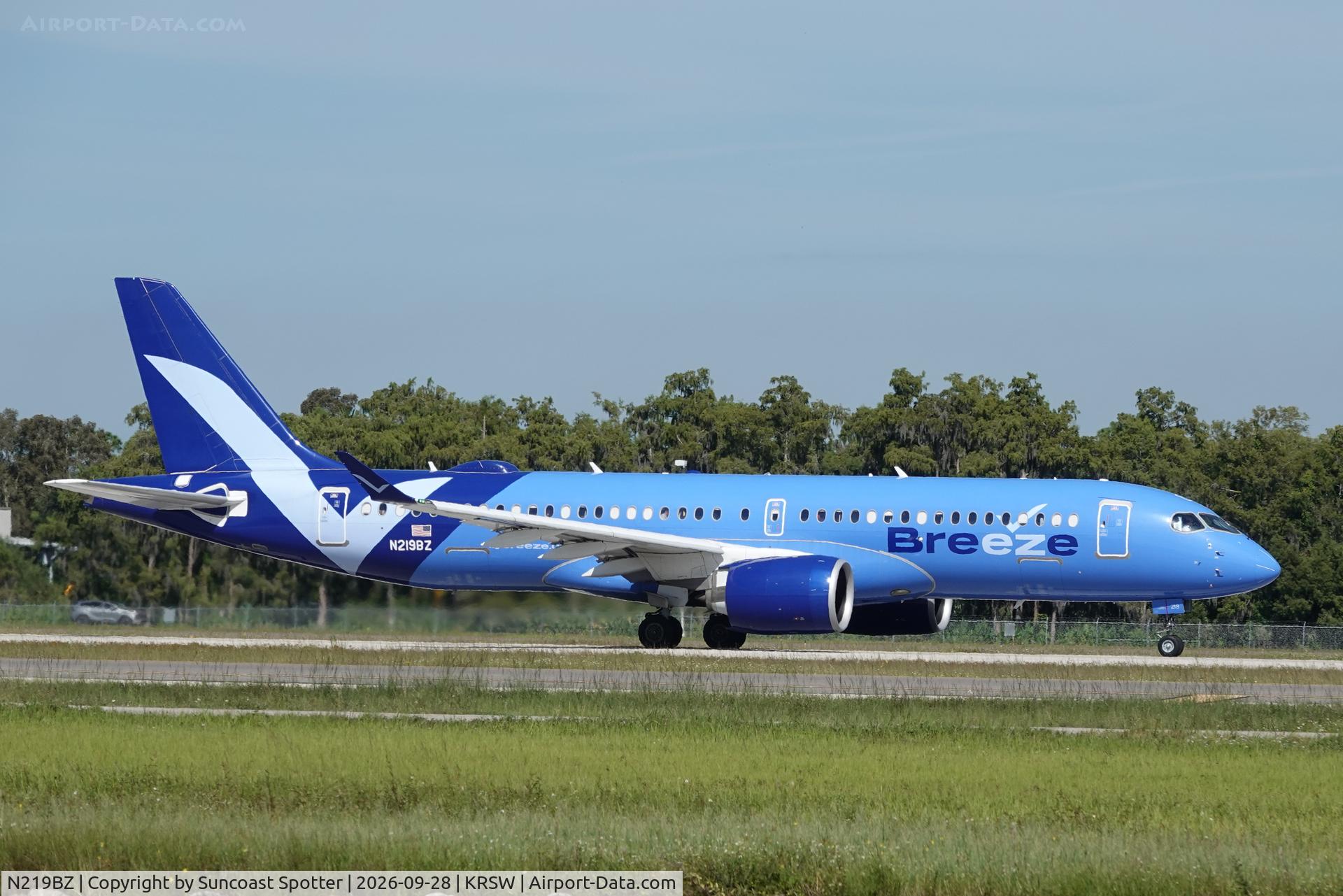 Aircraft N219BZ, 2023 Airbus A220-371, c/n 55189, Moxy 2966 departs Southwest Florida International Airport enroute to TF Green Airport, at KRSW, photo by Suncoast Spotter