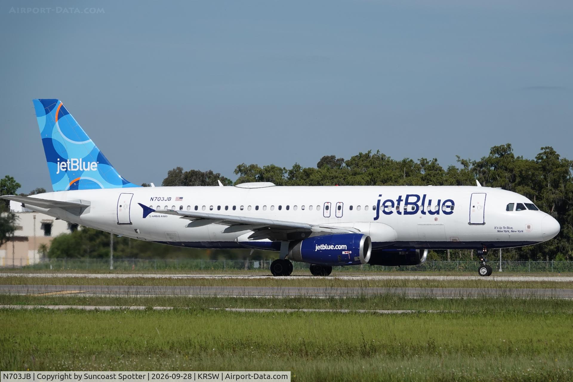 Aircraft N703JB, 2008 Airbus A320-232, c/n 3381, JetBlue 1552 departs Southwest Florida International Airport enroute to Westchester County Airport, at KRSW, photo by Suncoast Spotter